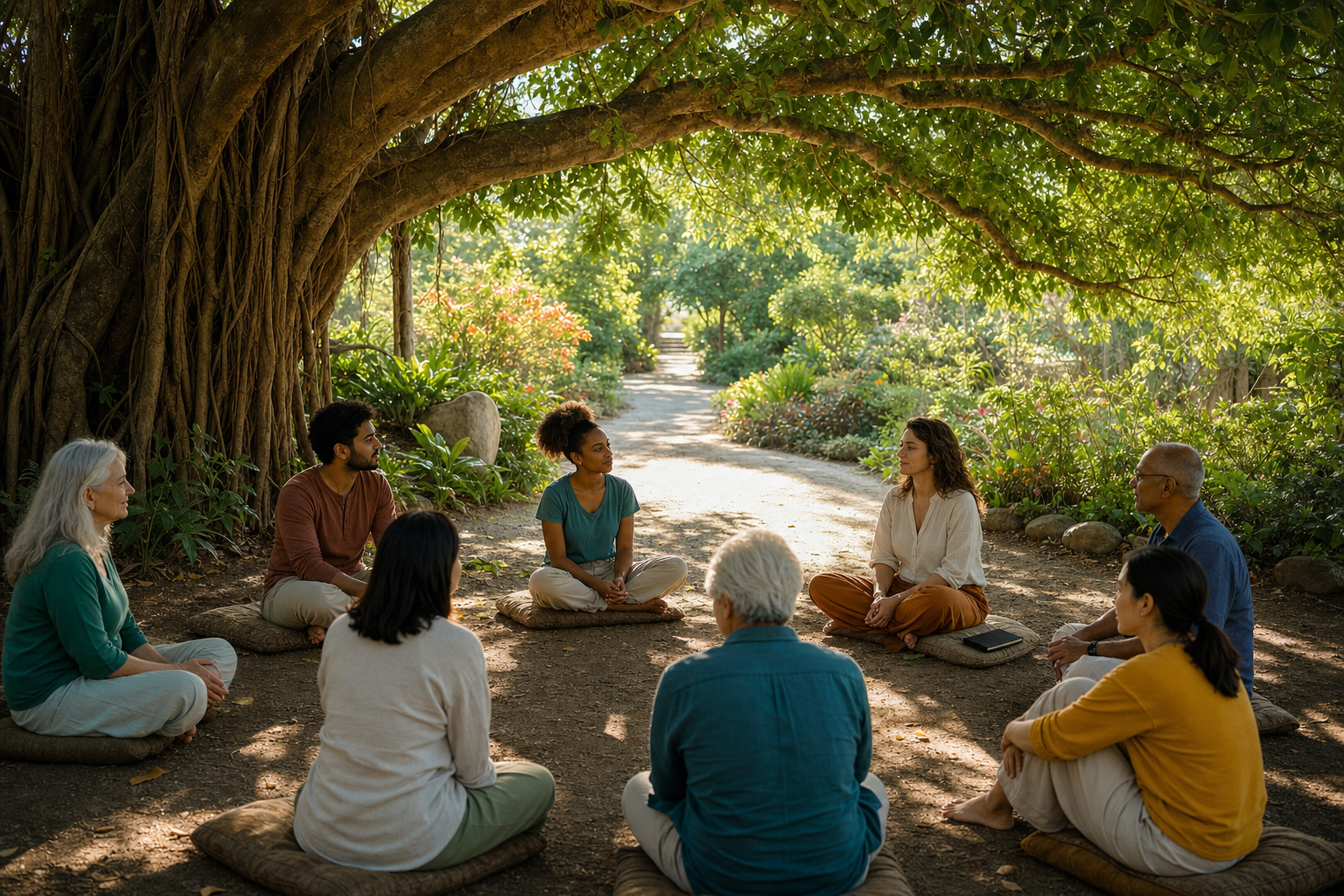 A multigenerational group listens to one another in a loose circle beneath a large tree with an open path nearby.