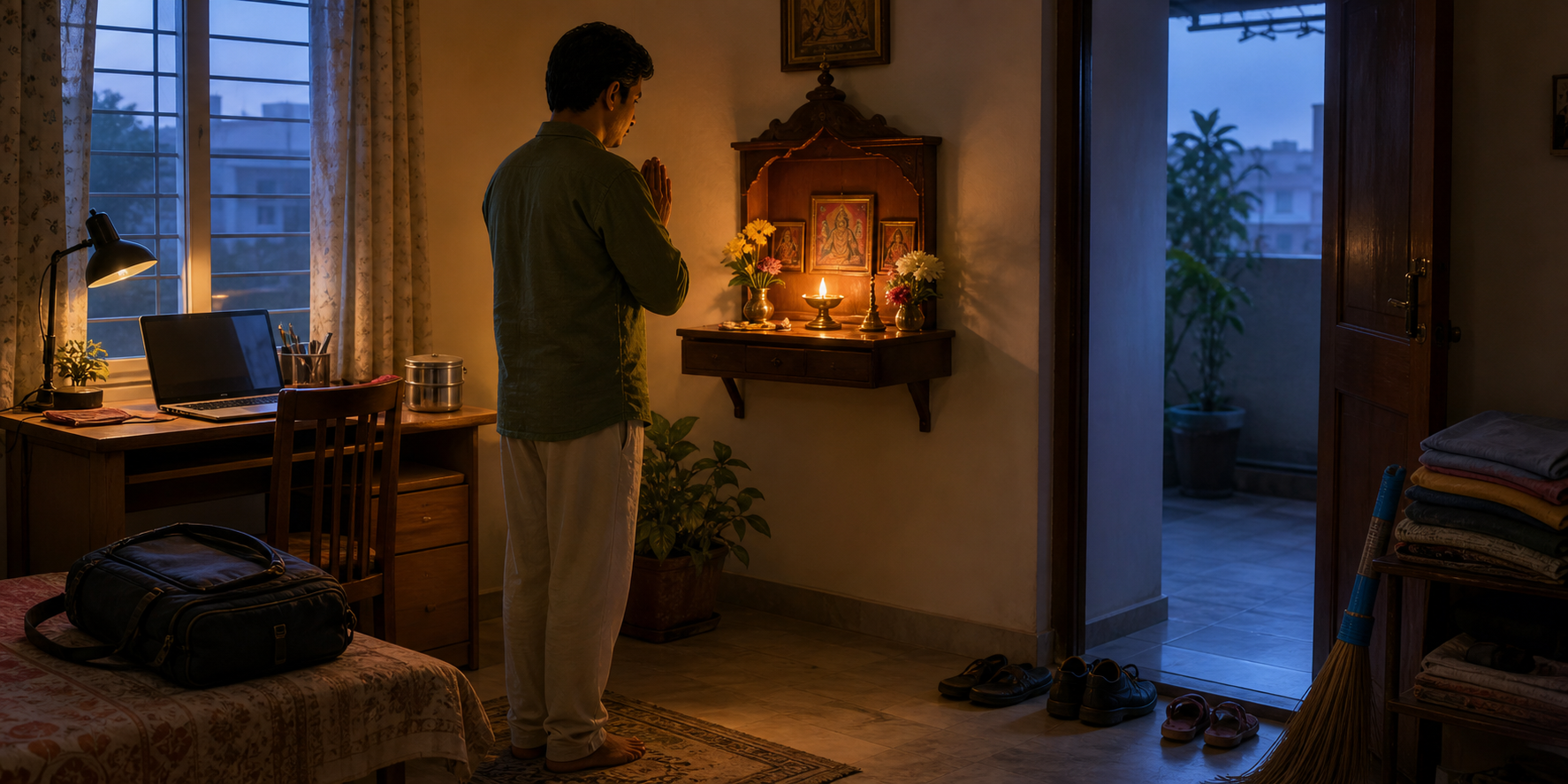 A householder prays beside a small oil-lit home shrine while a work bag, laptop, lunch, laundry, broom, and family shoes await nearby.
