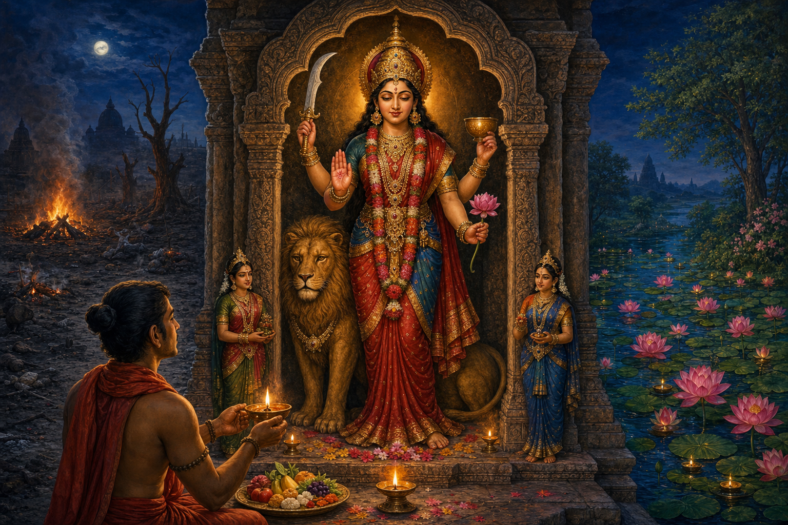 A layered goddess image shows her expression and posture, hand gestures and objects, attendants, surrounding landscape, and a devotee making offerings.