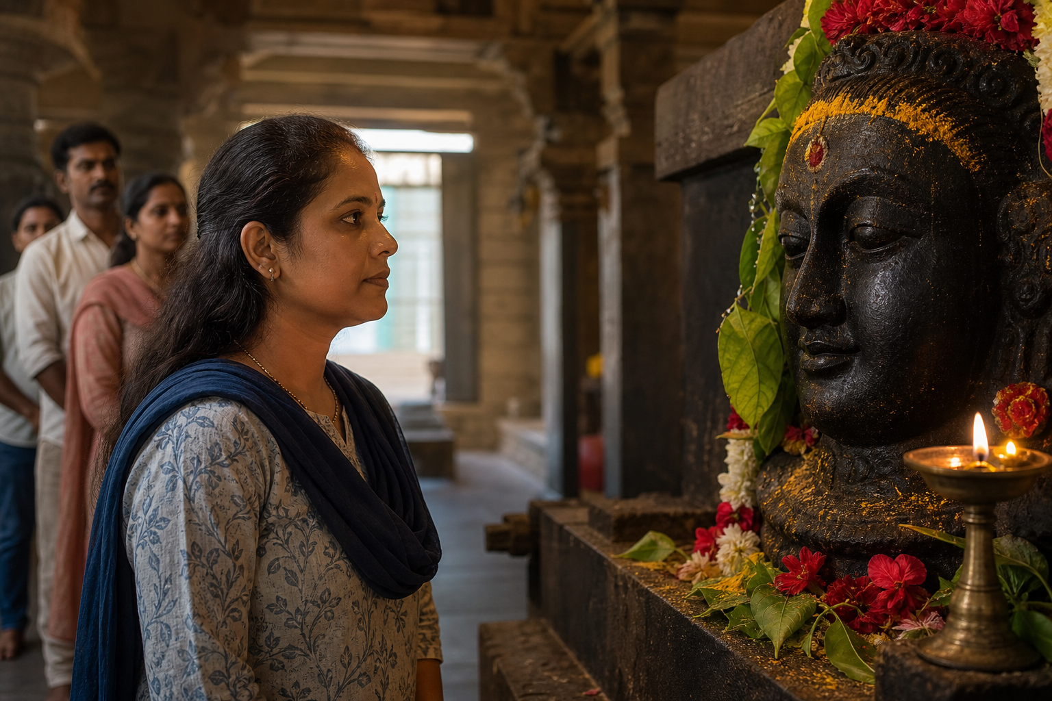 A devotee meets the gaze of a dark stone Yellamma head-form in a softly lit shrine while others wait behind.