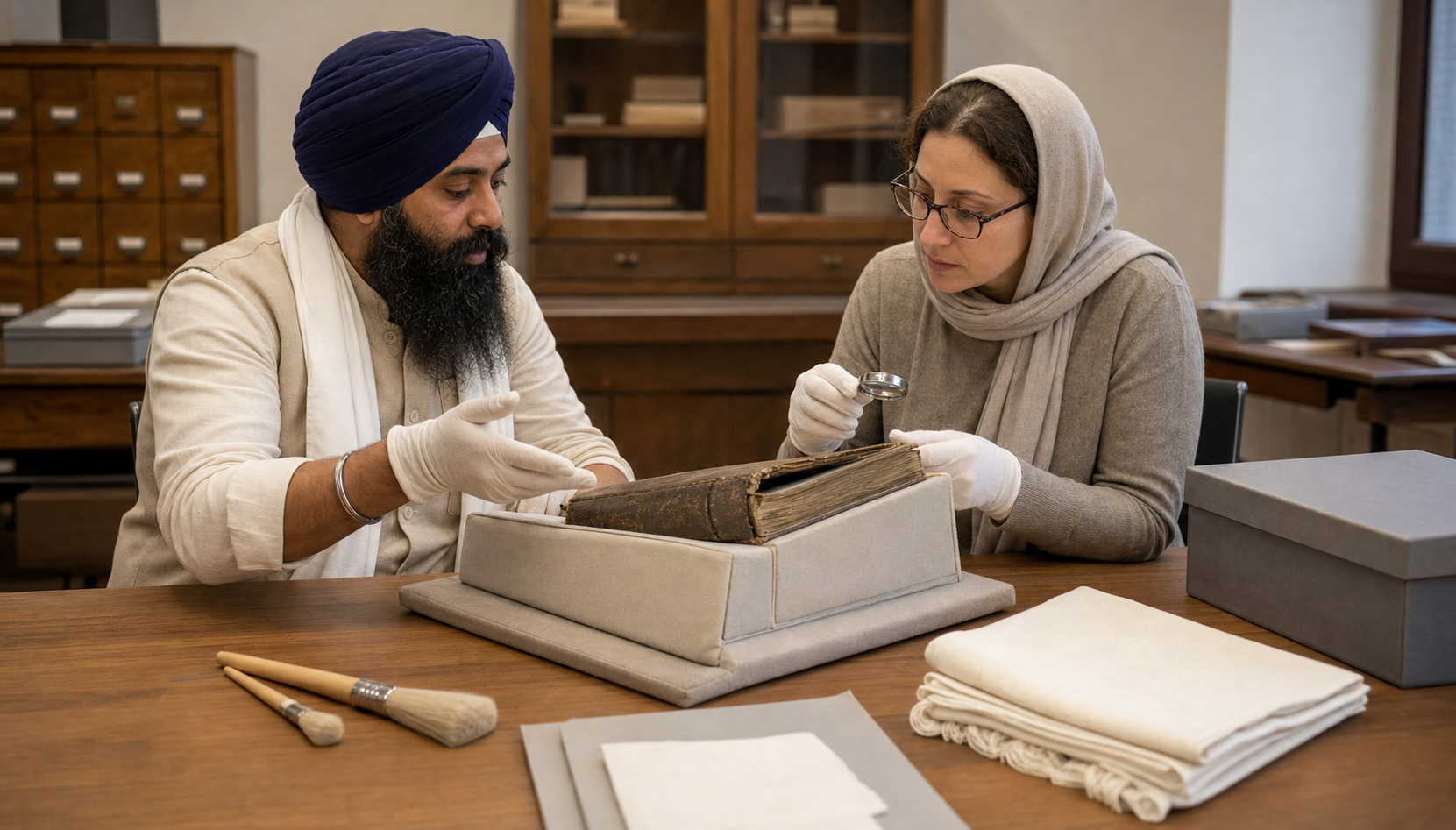 A Sikh custodian and paper conservator respectfully assess a historic pothi resting on a padded archival cradle.