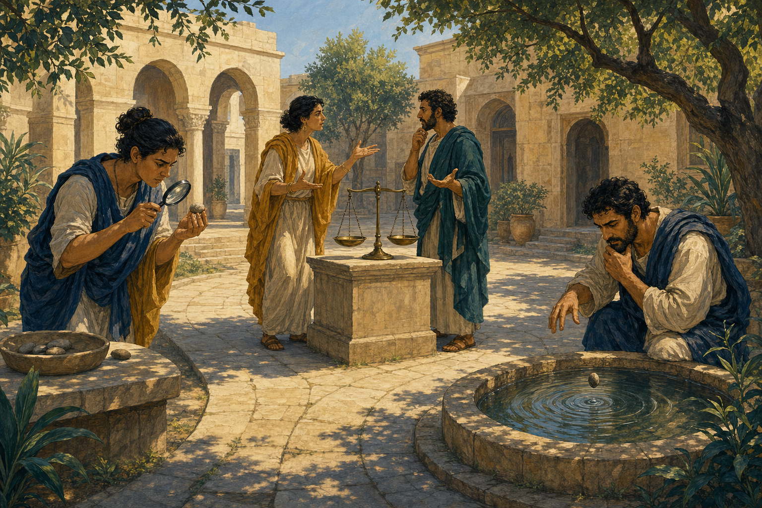 A courtyard discussion is divided into three scenes involving a lens, a balance scale, and ripples in a water basin.