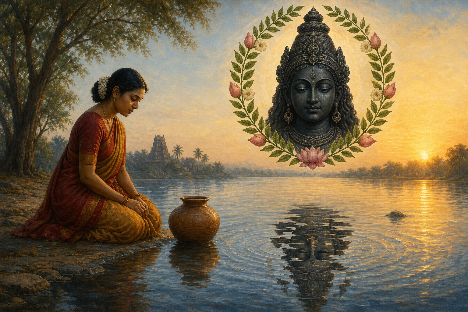 A woman kneels beside a rippling river and clay pot beneath a whole dark stone goddess head framed by neem leaves and lotus petals.