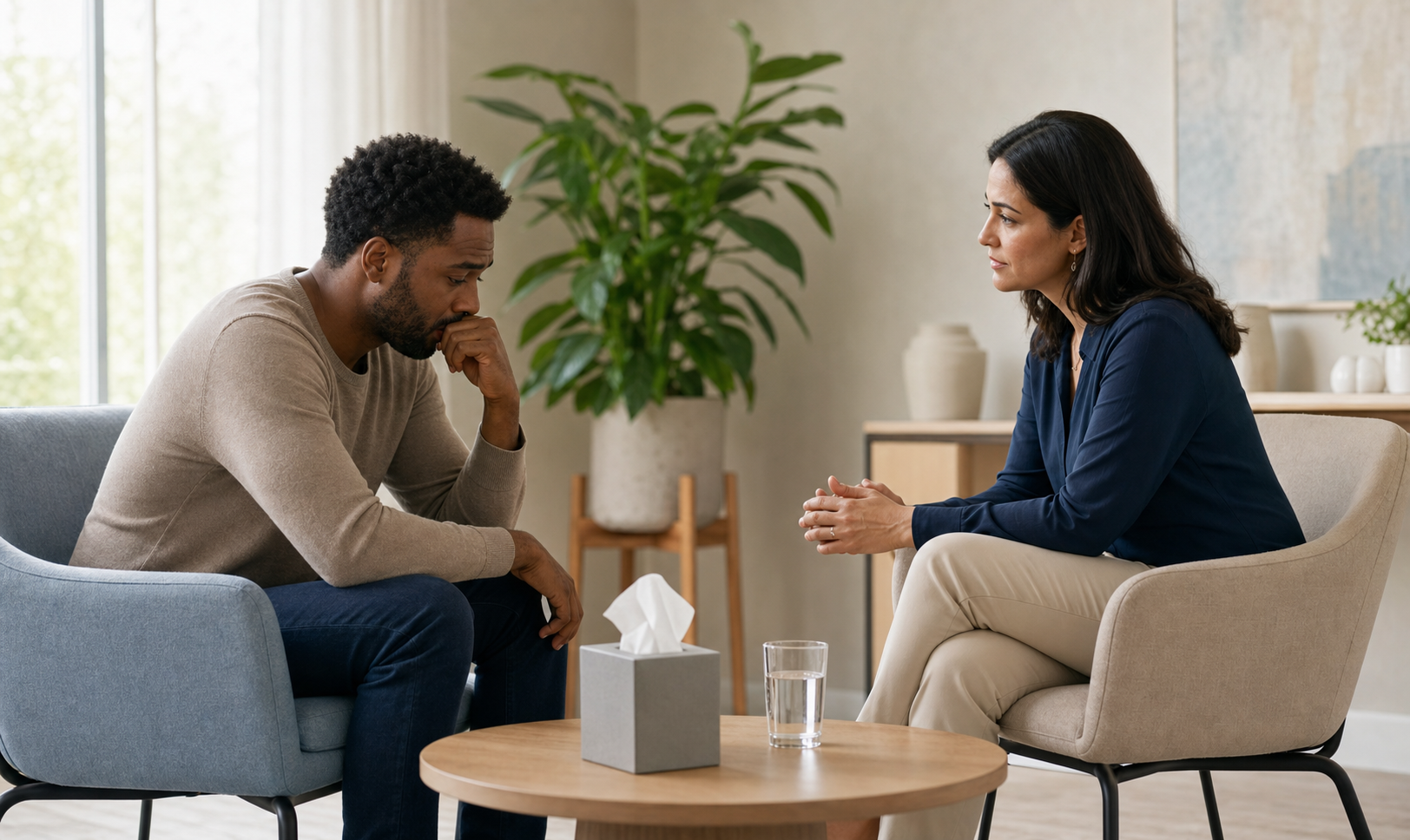 An adult speaks with a mental health professional in a private office with chairs, tissues, water, and a green plant.
