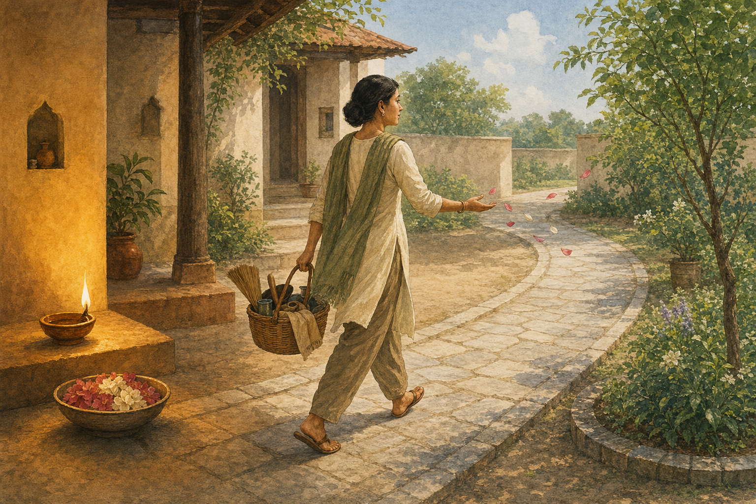 A person leaves an oil-lit devotional space, releases flower petals from one hand, and continues along a stone path carrying a basket of household tools.