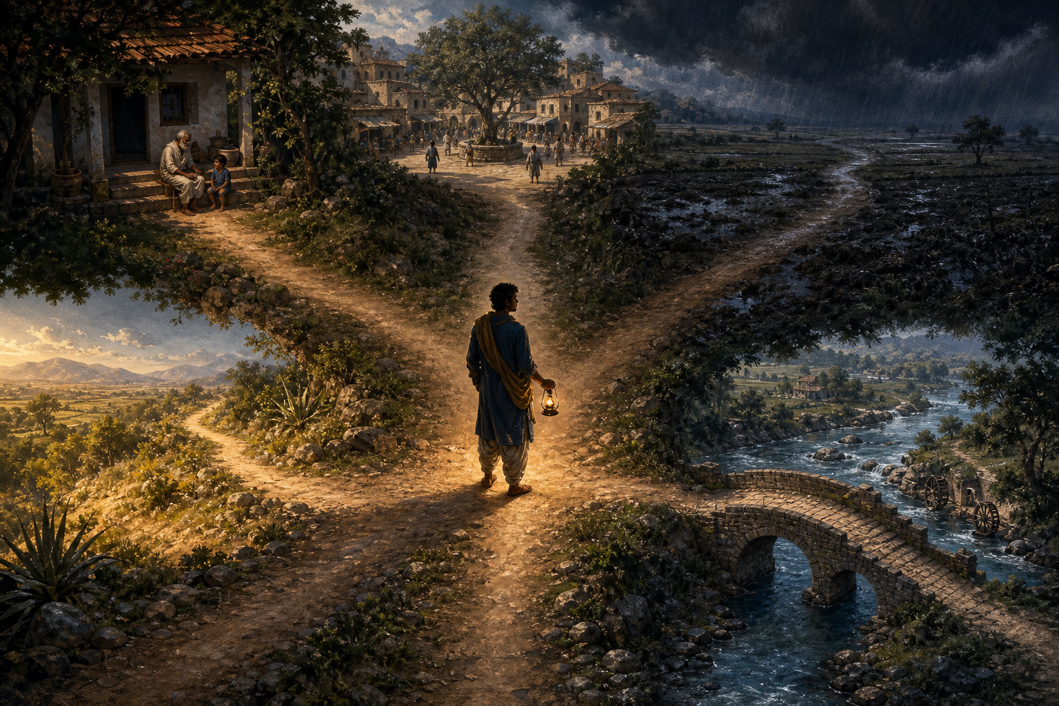 A person with a lamp pauses where five paths lead toward a home, village square, field, sunlit landscape, and bridge.