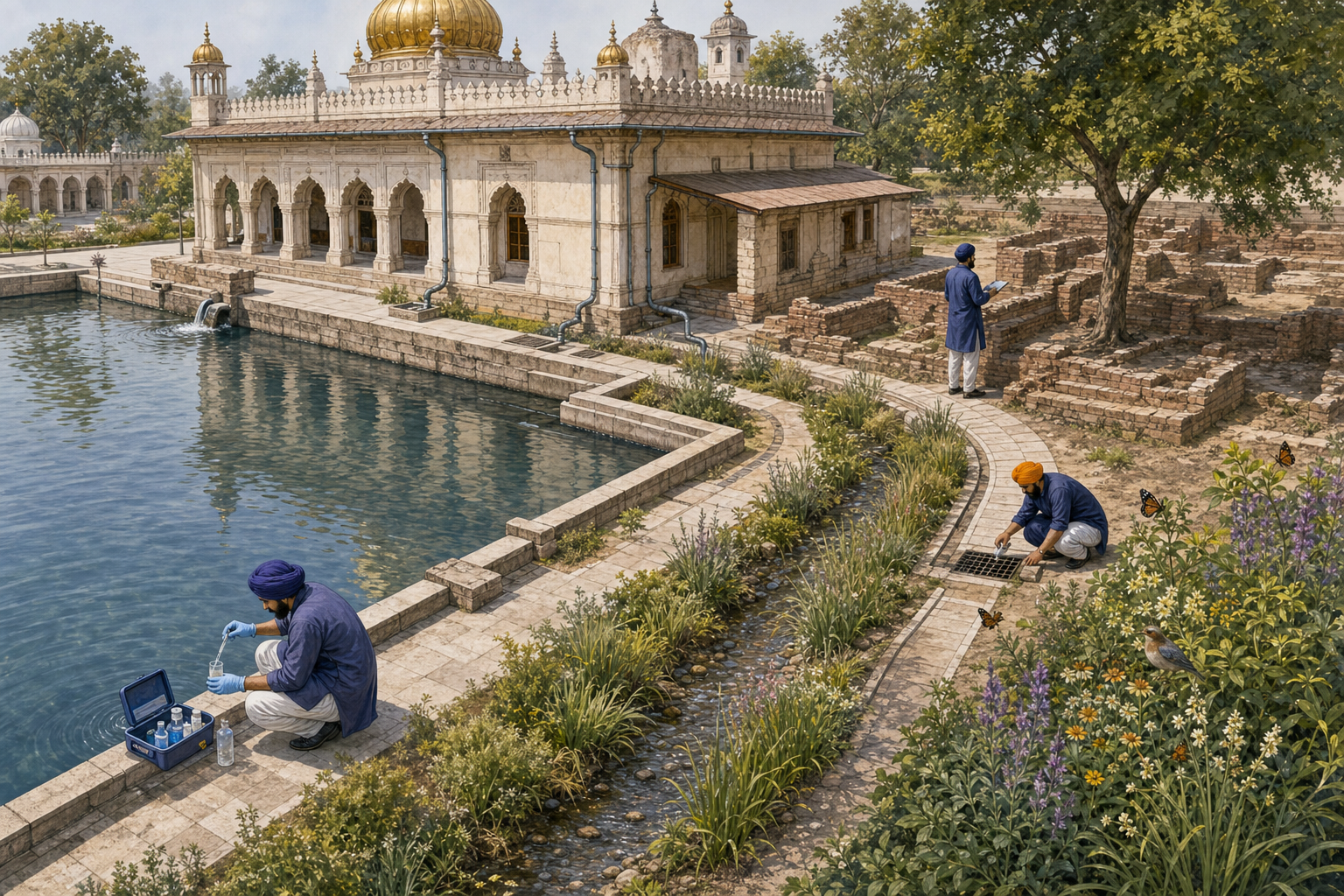 An elevated view shows a gurdwara sarovar connected to roof drainage, permeable paths, native planting and protected historic foundations.