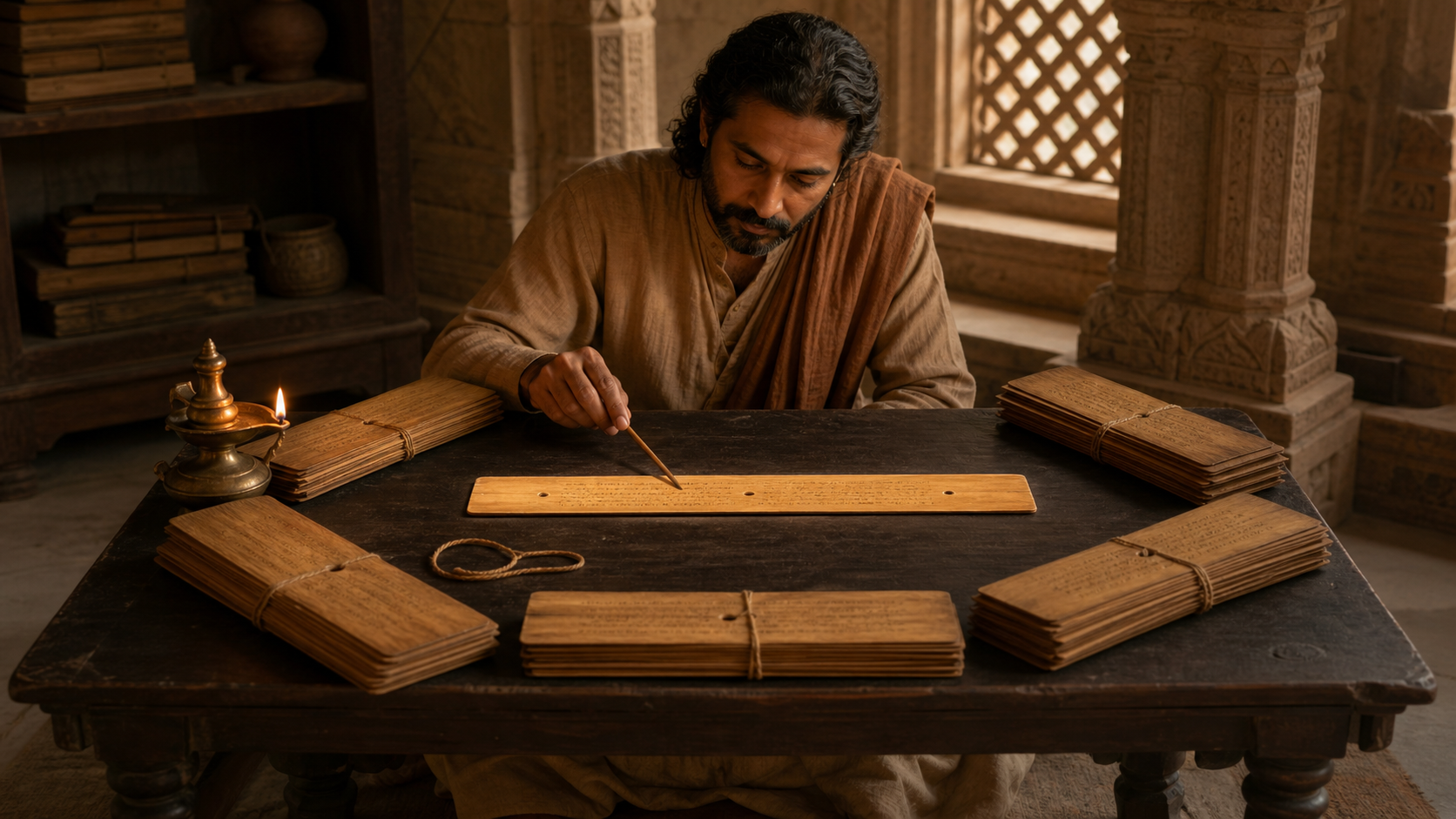 A reader studies layered palm-leaf manuscript folios beside a bronze oil lamp, with the central source folio kept clearly visible.