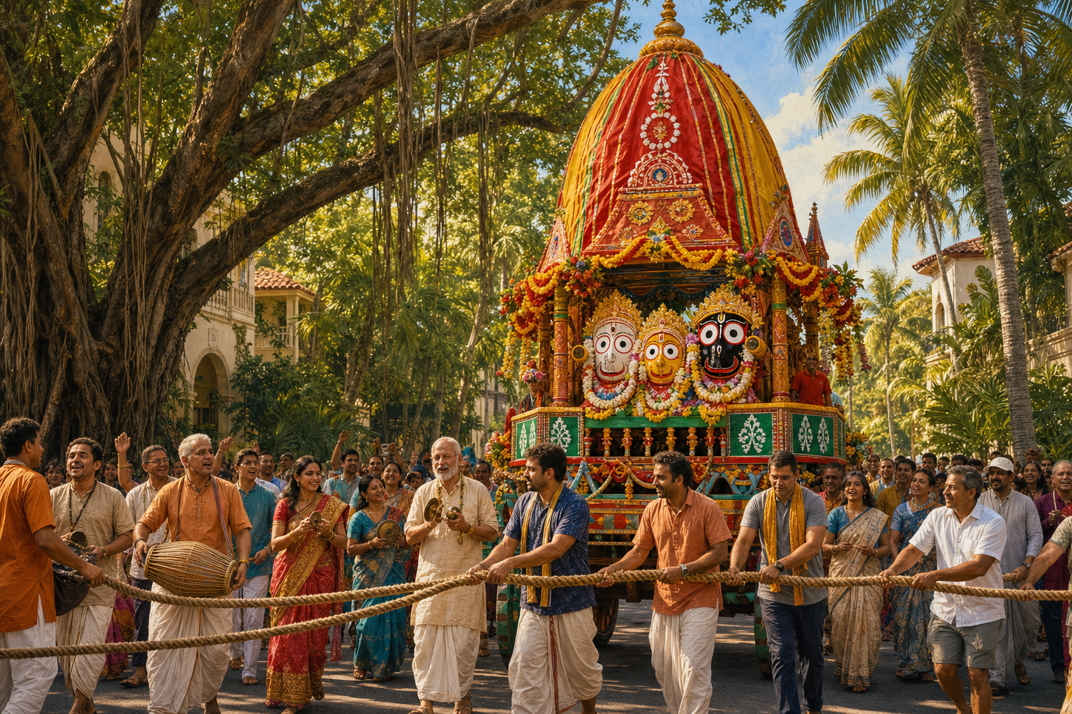A decorated Ratha Yatra chariot carrying Jagannath, Balabhadra, and Subhadra moves through a palm-lined Coconut Grove street beside a diverse crowd of participants.