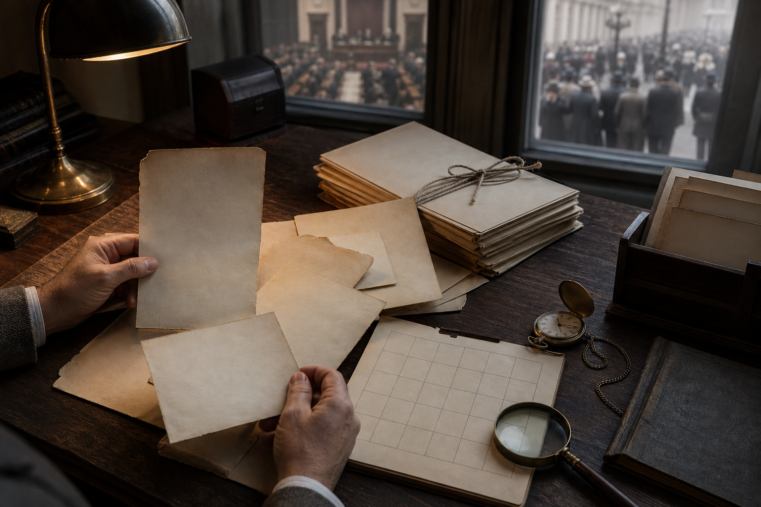 Hands compare blank archival letters, an unmarked calendar, a watch, and tied folders on a historian's desk.