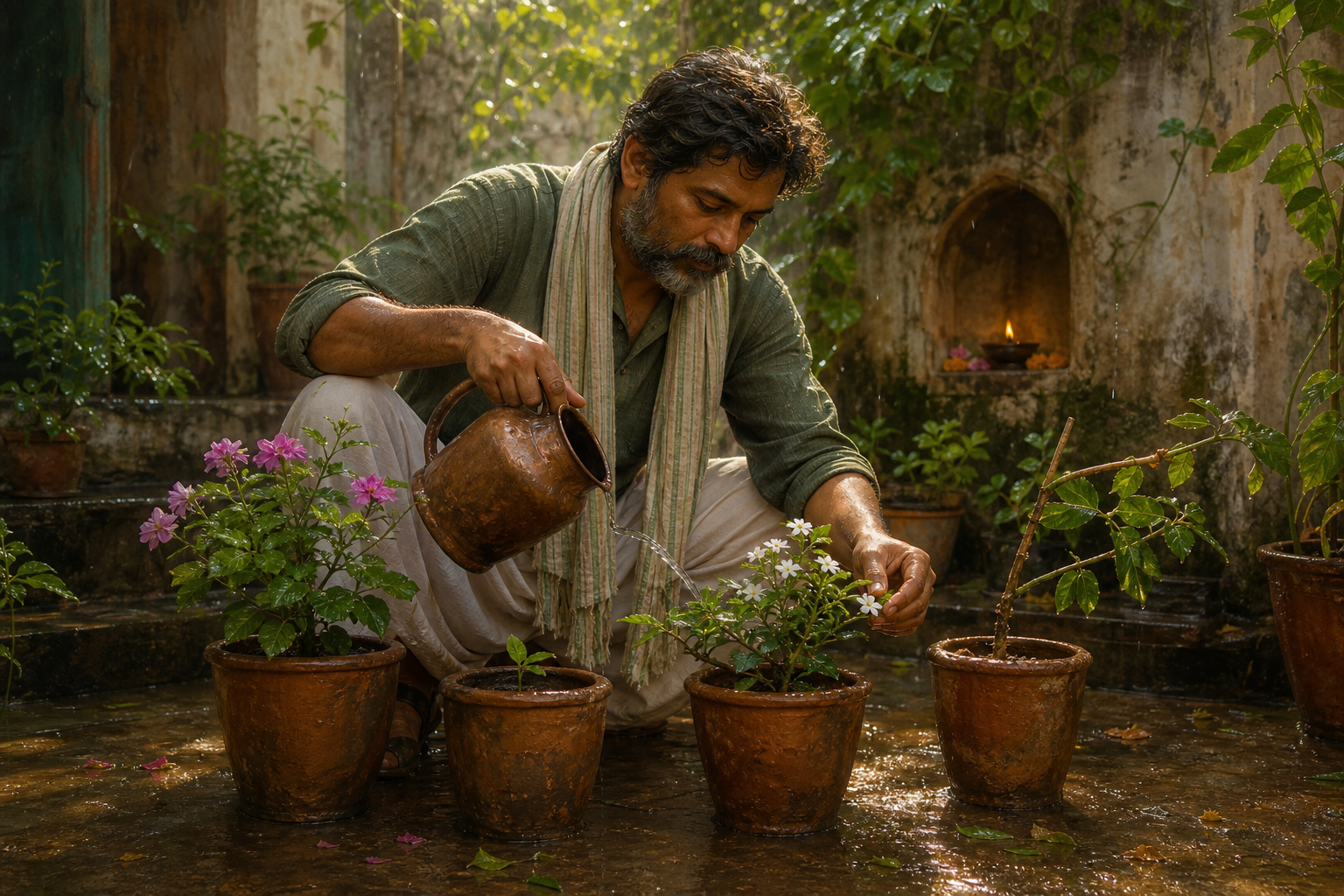 A gardener waters and supports potted plants at different stages of growth while a small oil lamp and flowers sit in a wall niche.