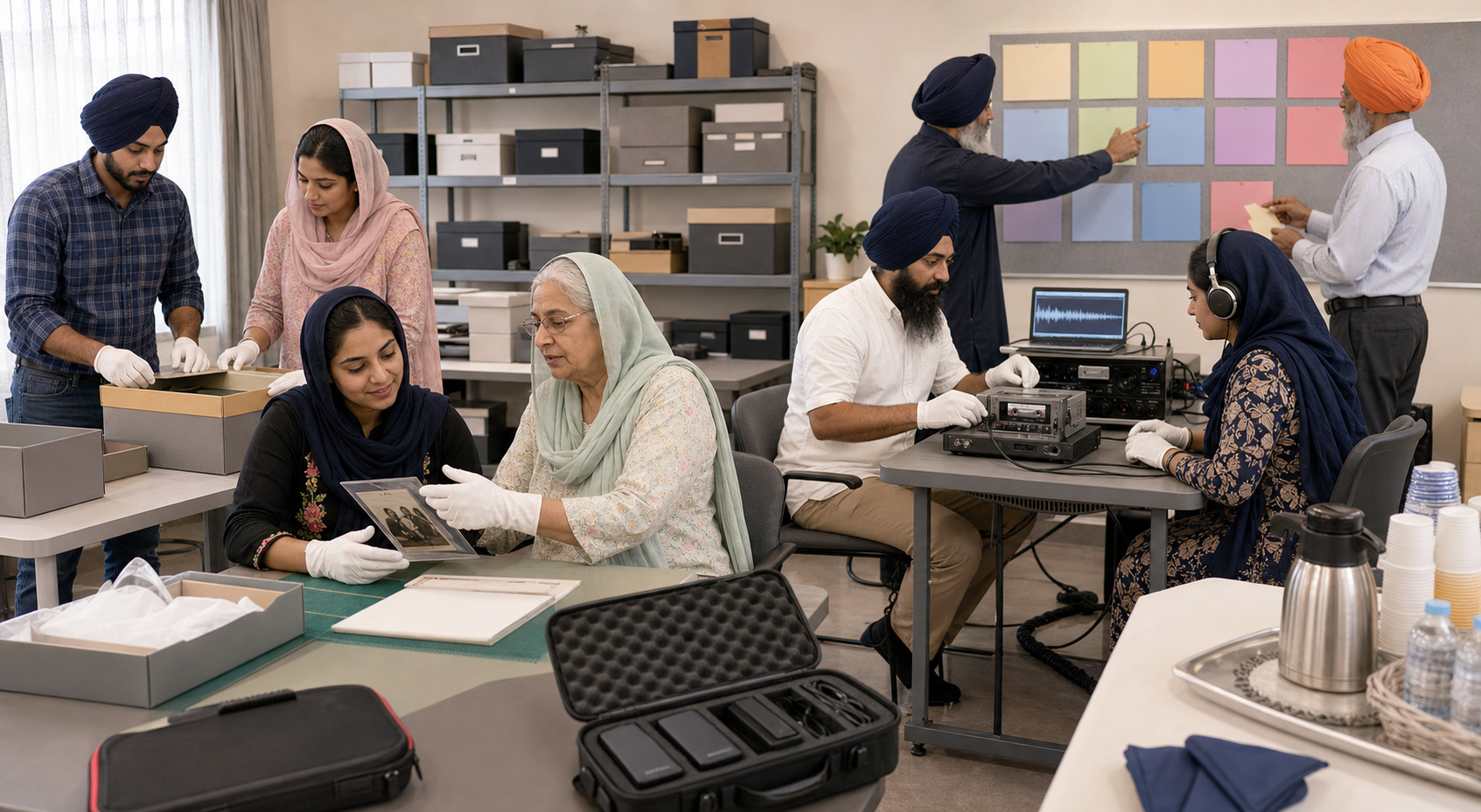 Sikh volunteers inventory archive boxes, digitize audio cassettes and practice safe handling in an organized community heritage workspace.