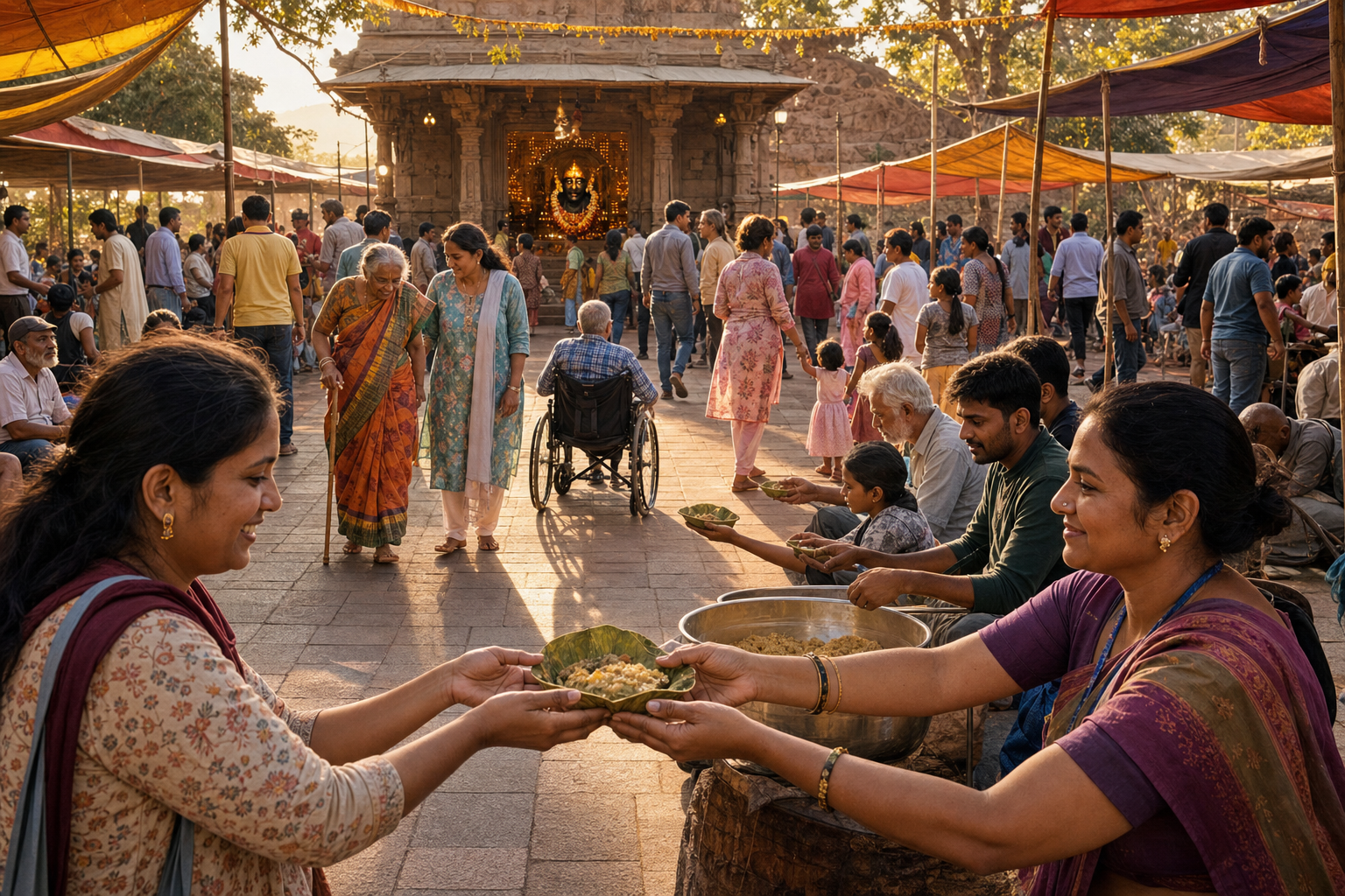 Devotees share an accessible darshan line and receive prasada together in a Yellamma festival courtyard.