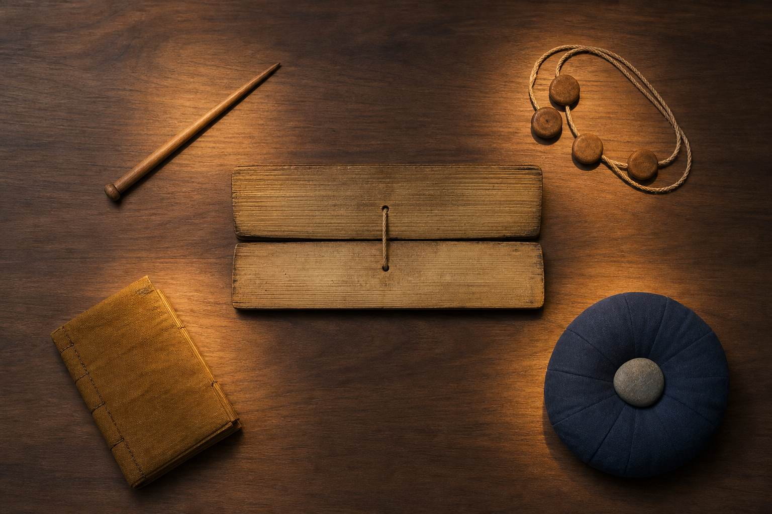 An overhead study table shows a central palm-leaf folio surrounded by four reading aids: a pointer, linked counters, a second manuscript bundle, and a meditation stone.