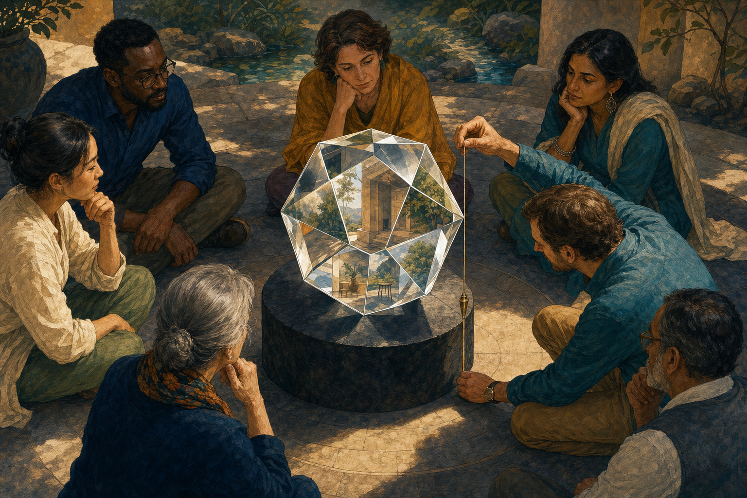 Several people examine different facets of a clear gemstone while one person checks its alignment with a plumb line.