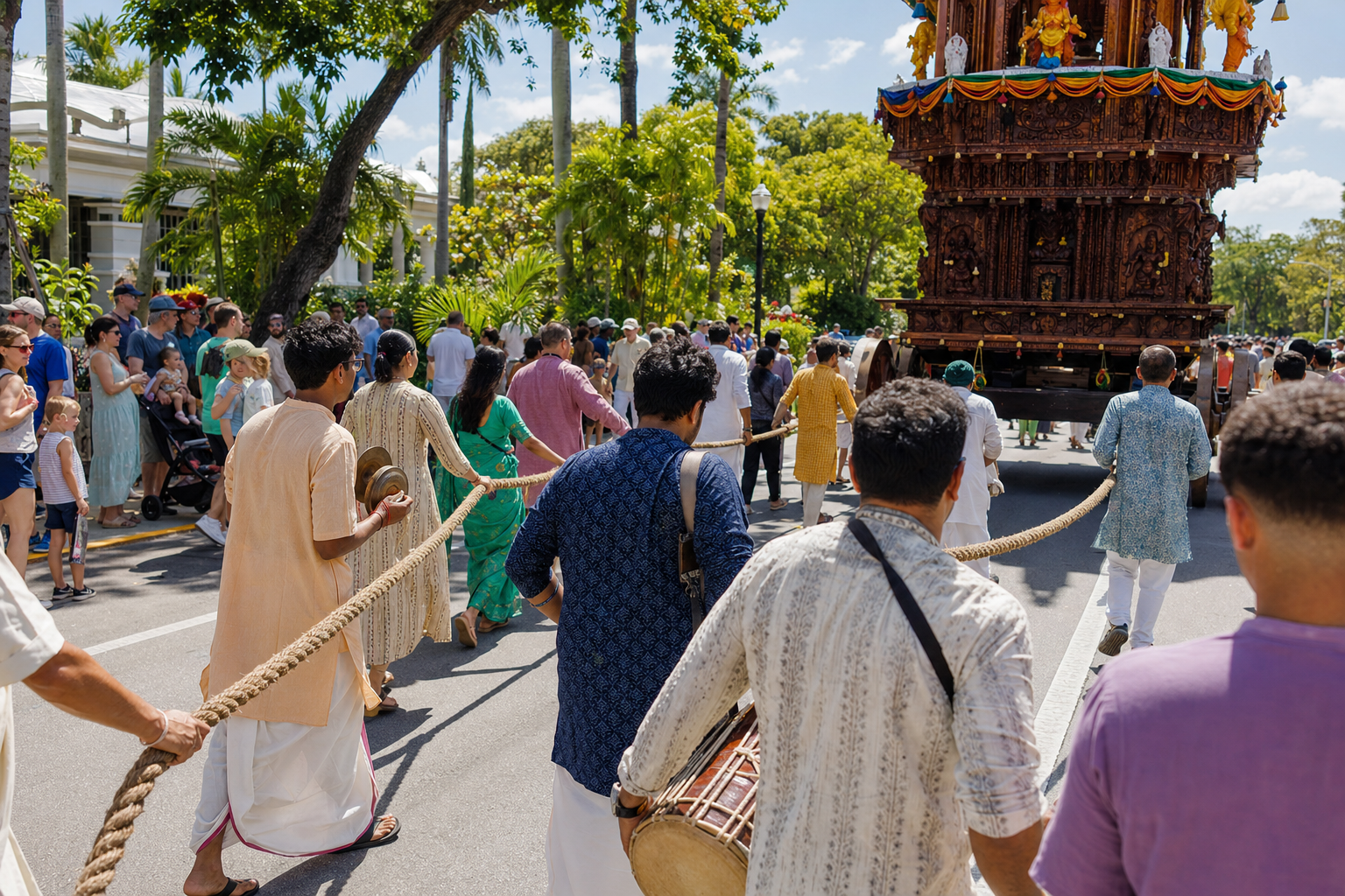 Volunteers pull a decorated chariot while musicians, families, and onlookers gather along a tropical Coconut Grove street.