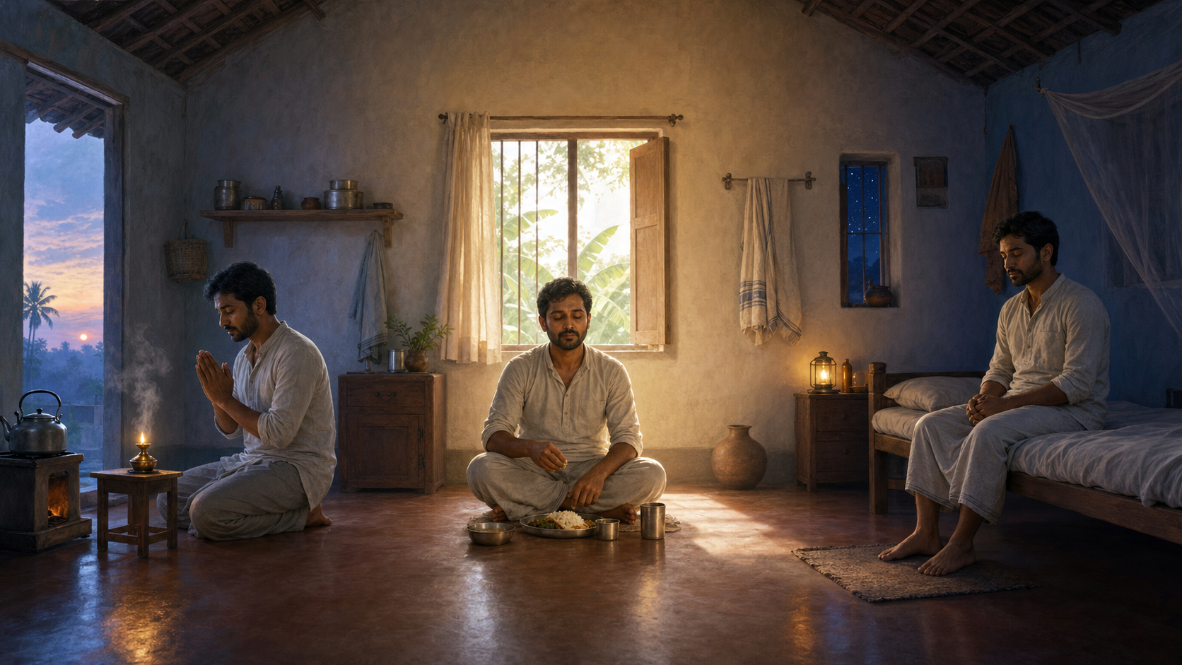 The same householder pauses for brief devotional moments beside a morning kettle, before a midday meal, and at the bedside at night.