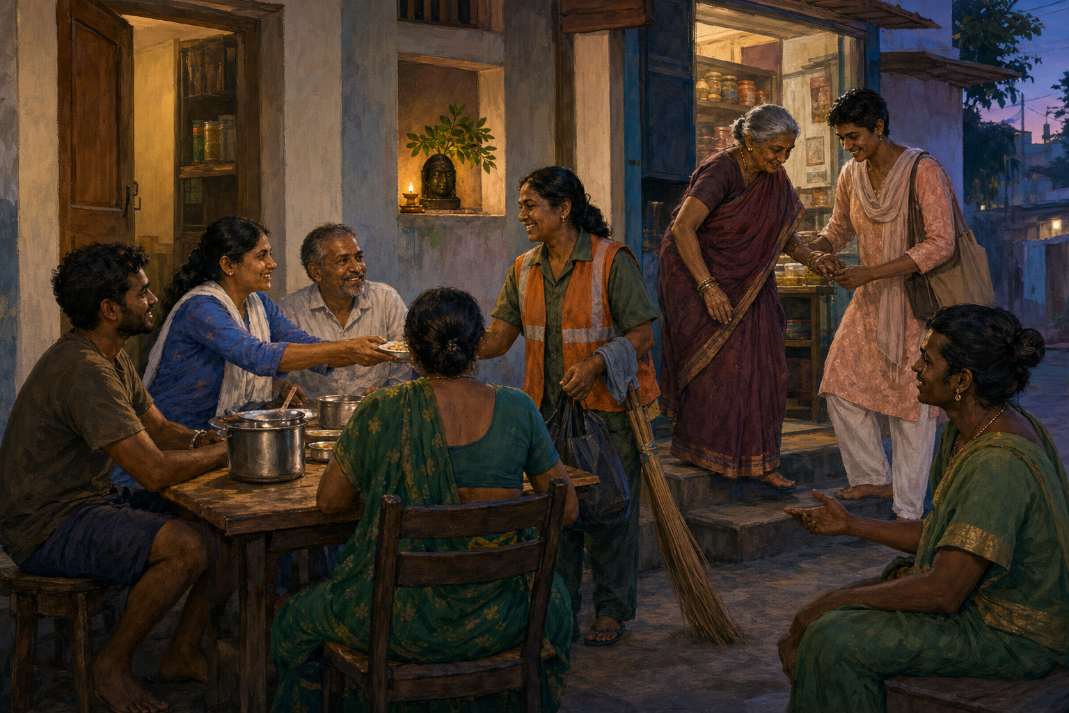 Neighbors share food and assistance outside a home where a small lamp-lit Yellamma shrine stands in the background.