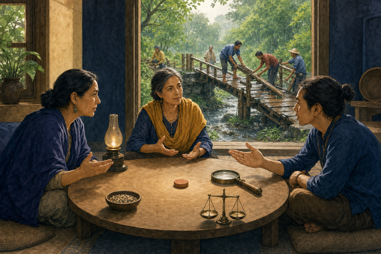 Three people discuss one clay token at a table with a lens, scale, seeds, and lamp as neighbors repair a footbridge outside.