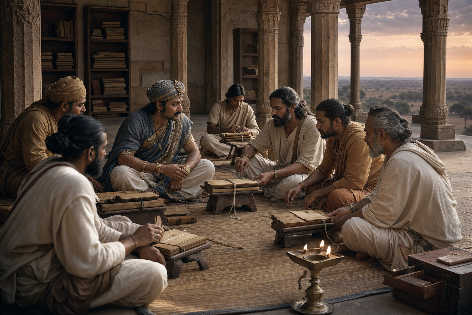 A royal patron and several scholars examine palm-leaf manuscripts together in a sandstone court library lit by bronze lamps.