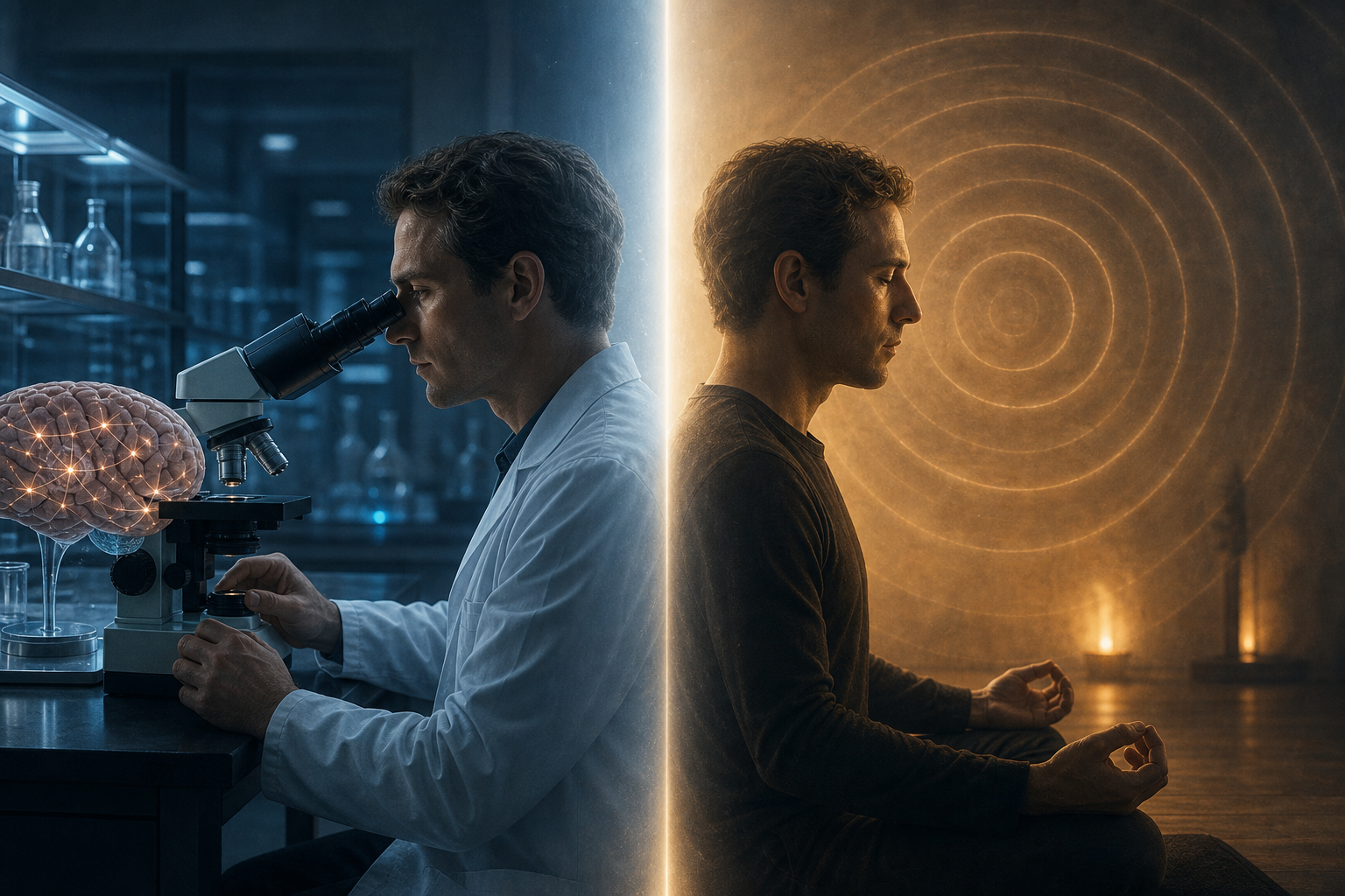 A split scene shows a researcher examining a brain model on one side and a meditating silhouette surrounded by soft light on the other.
