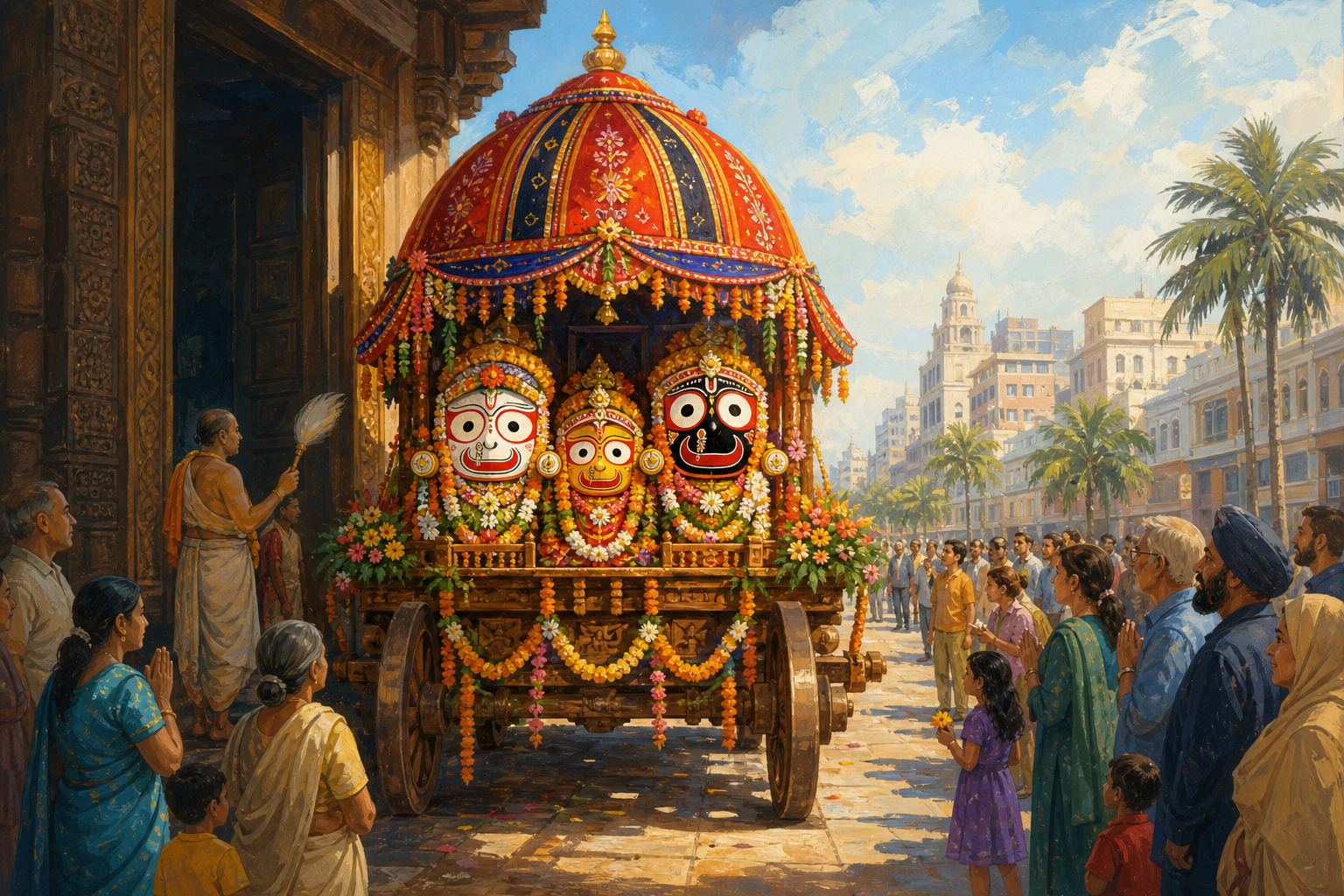 The sacred forms of Jagannath, Balabhadra, and Subhadra travel on a decorated chariot from a temple courtyard into an open public street.