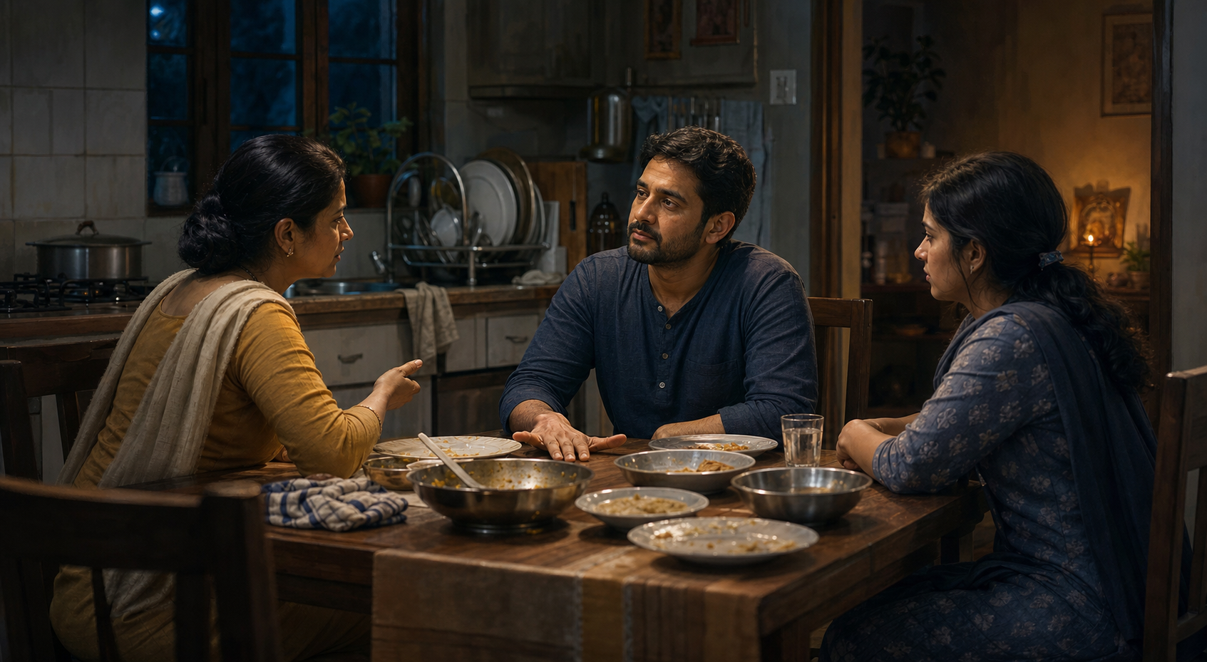 During a tense conversation at a kitchen table, one adult pauses with an open hand and listens while two family members look on.