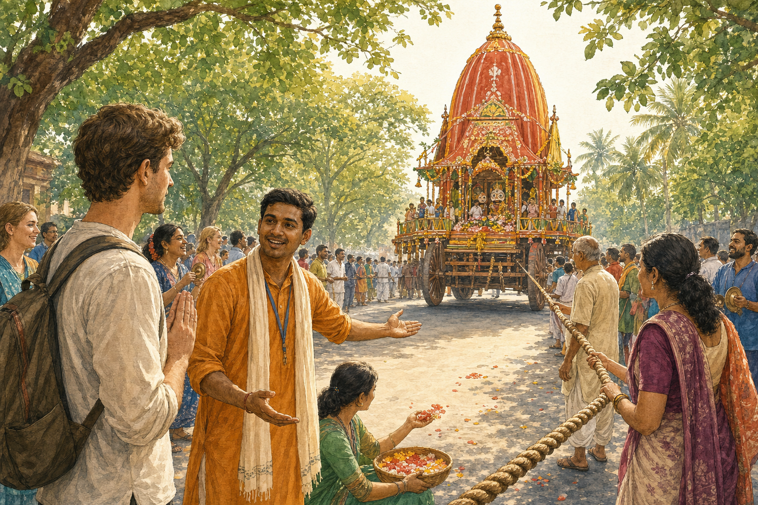 A newcomer observes a Ratha Yatra respectfully as a volunteer welcomes them near participants holding the chariot rope and offering flowers.