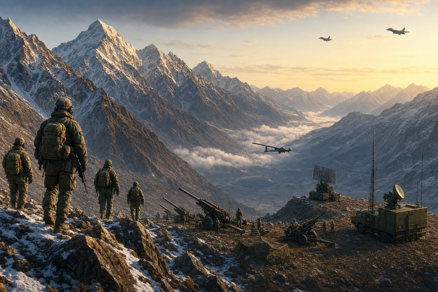 Indian mountain troops overlook a high Himalayan valley containing artillery, surveillance, communications and air-support elements at dawn.