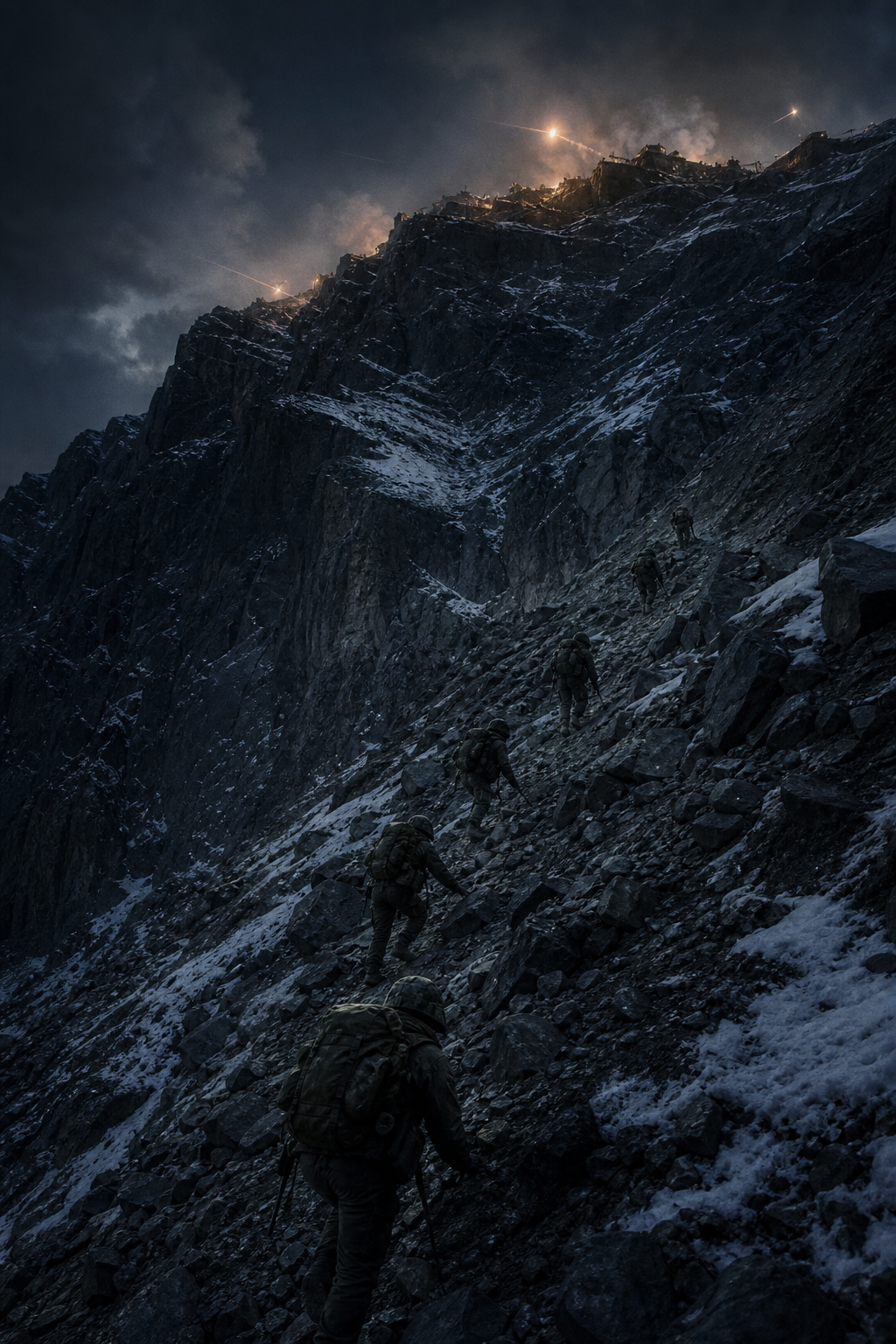A small infantry patrol climbs a steep, rocky Kargil mountain slope toward fortified heights under night illumination.