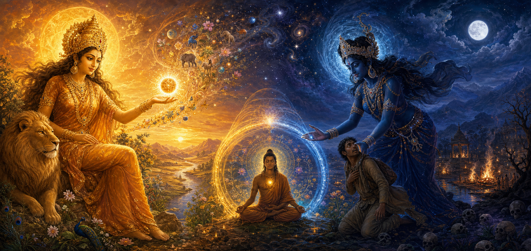 Kushmanda creates a glowing cosmic orb beside a lion while indigo Tara reaches protectively toward a traveler in a moonlit cremation-ground landscape.