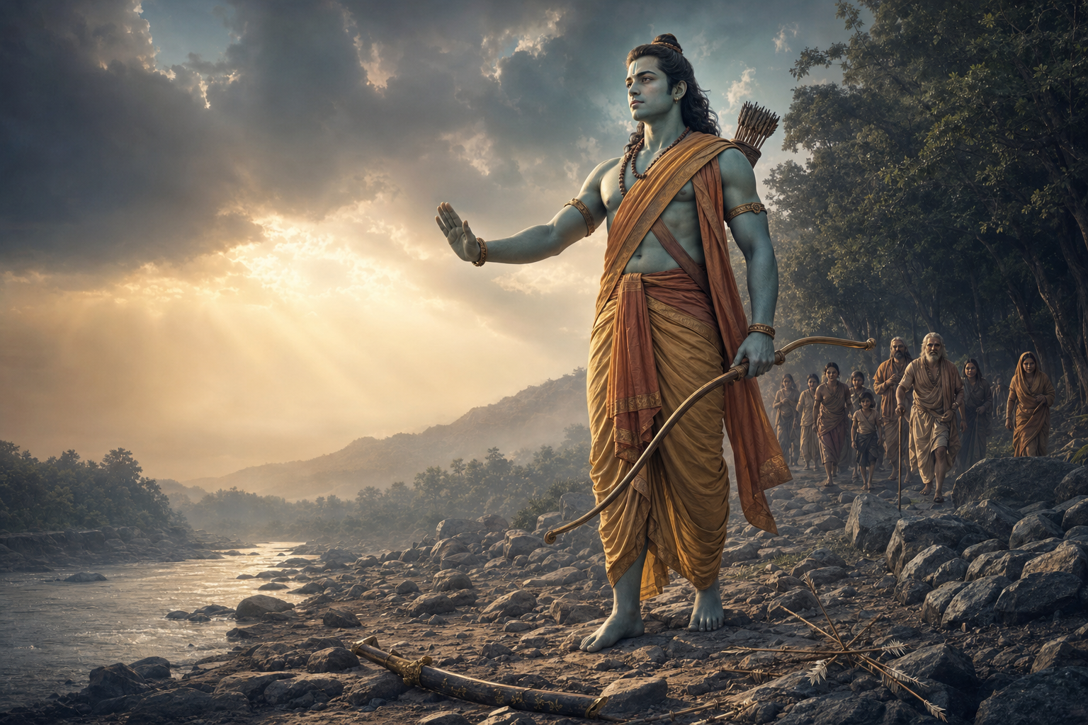 Rama stands calmly on a dawn-lit riverbank with his bow lowered while villagers emerge safely from the forest behind him.