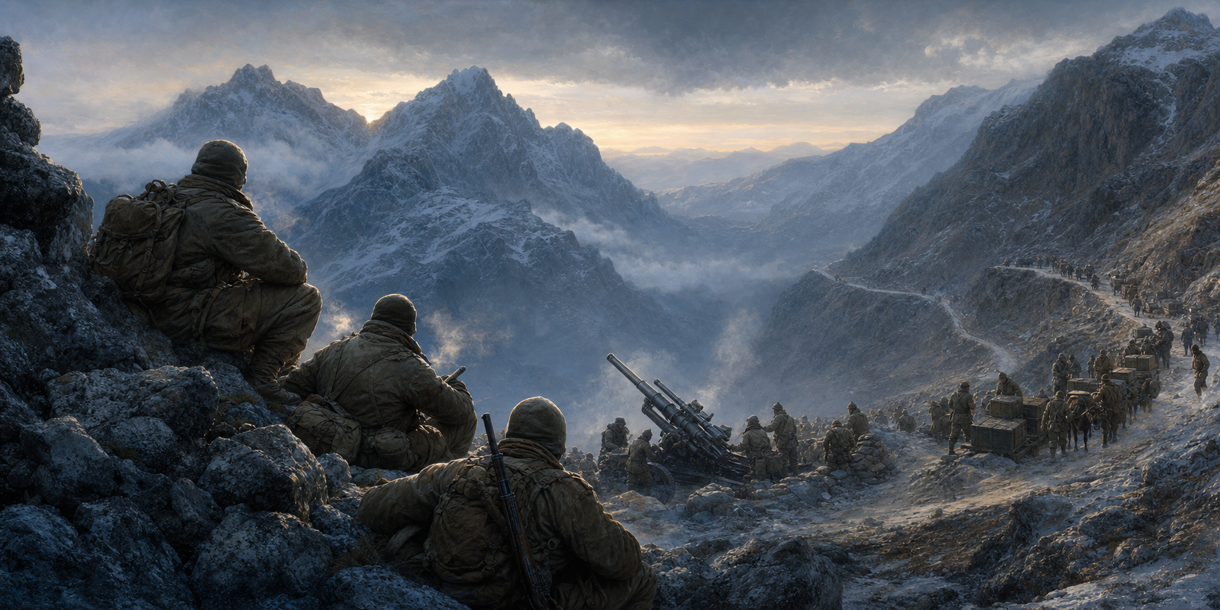 Mountain soldiers on a summit are supported by artillery crews and a supply convoy in the valley below.