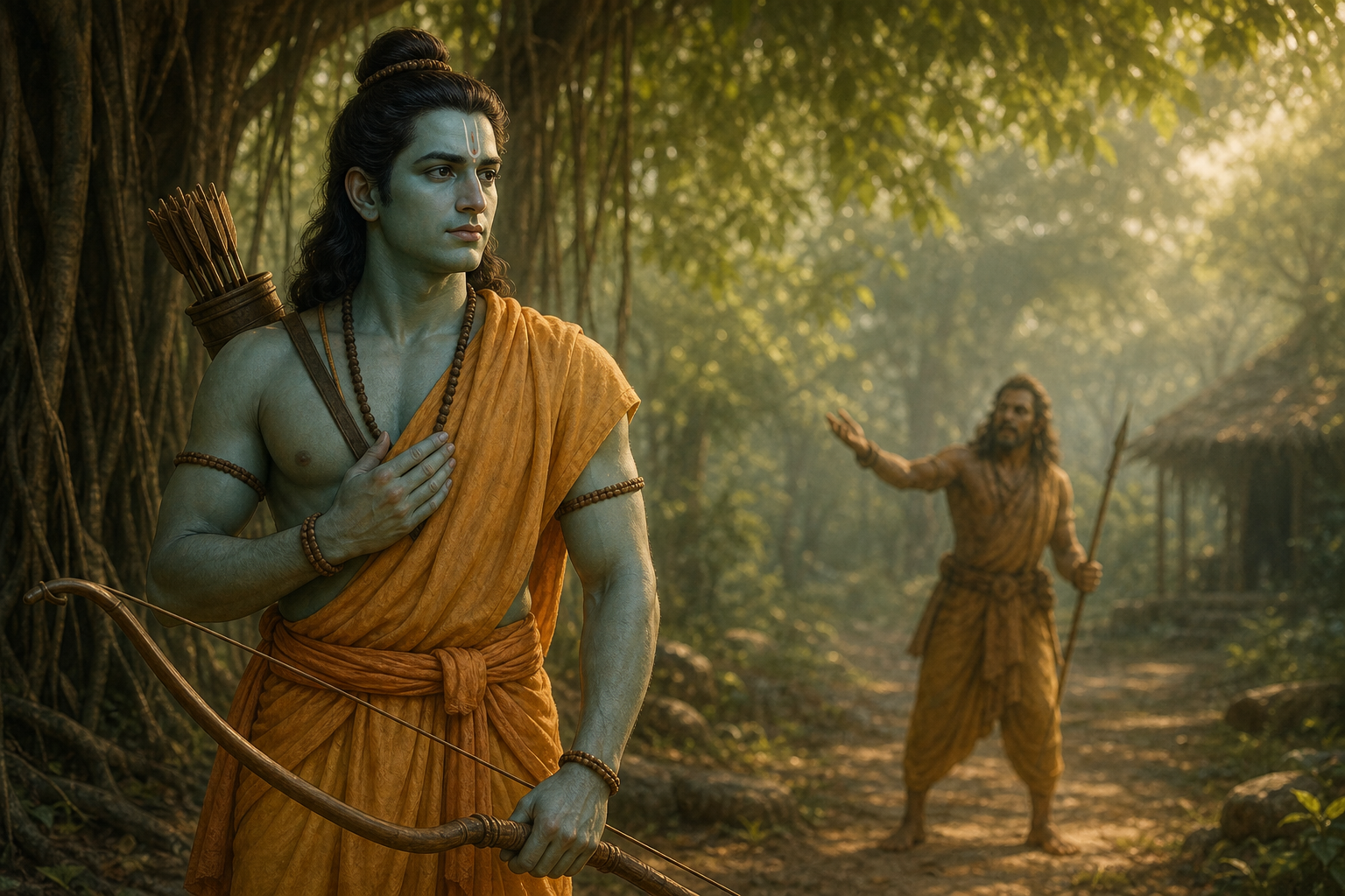 Rama pauses beneath a banyan tree with his bow lowered as an armed challenger gestures in the distance.