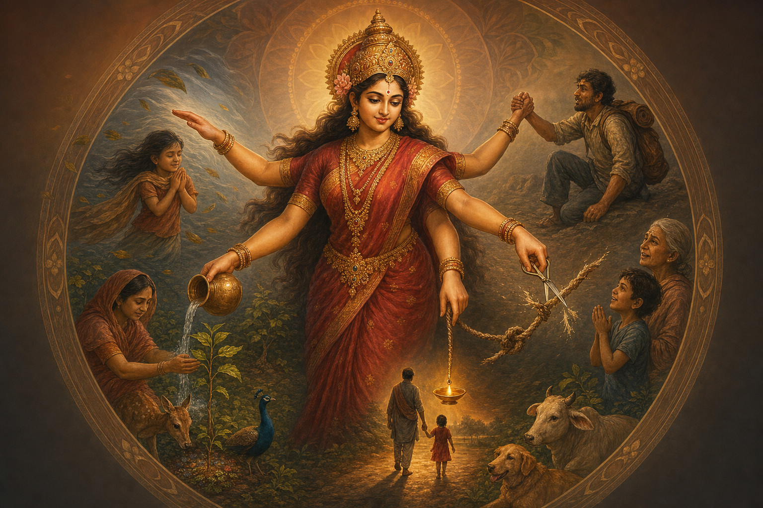 A many-armed goddess shields a child, lifts a traveler, waters a plant, lights a path, and cuts a rope in a circular composition.