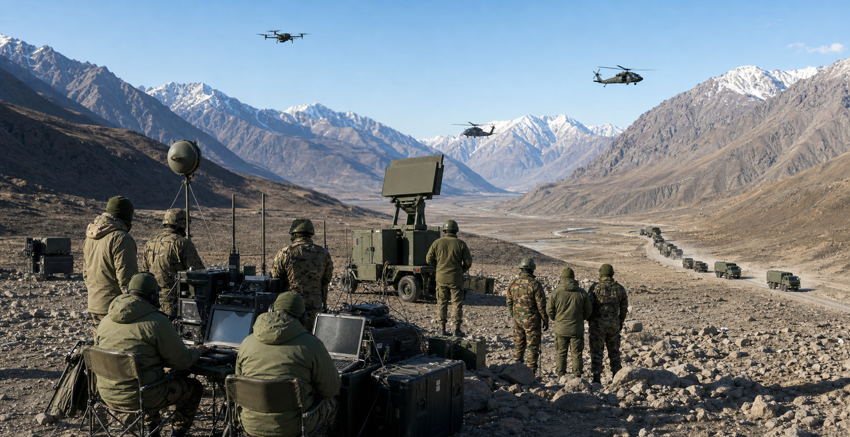 Military personnel coordinate communications, drone surveillance, radar, helicopters and logistics during a high-altitude readiness exercise.