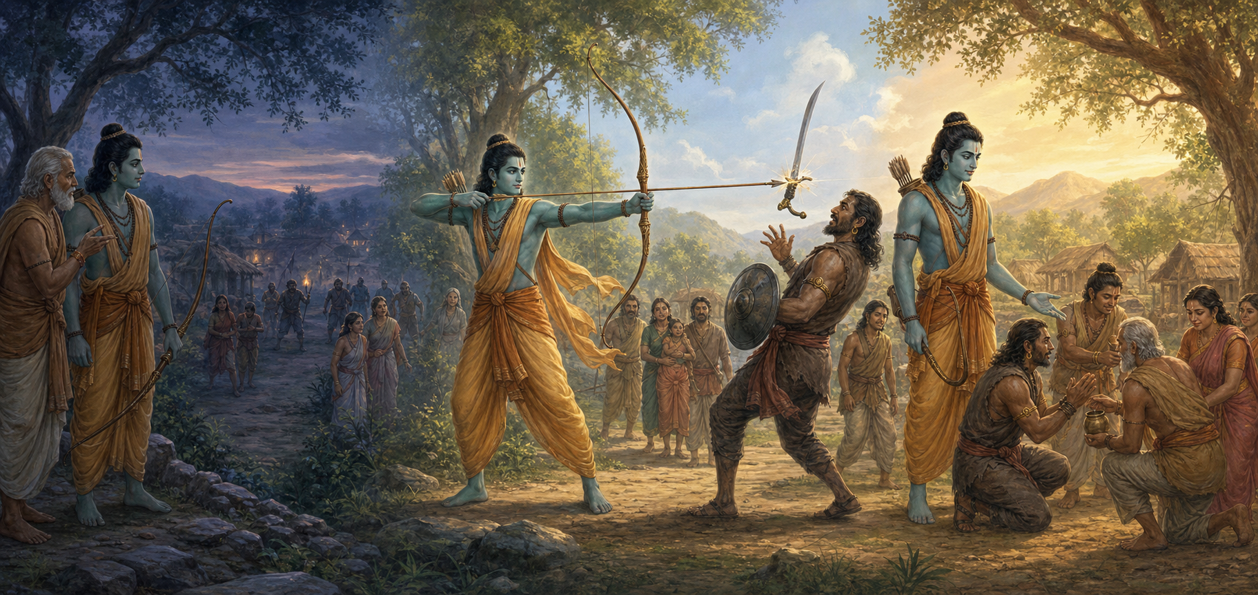 Three connected scenes show Rama assessing a threat, stopping an aggressor with one arrow, and lowering his bow when the danger ends.