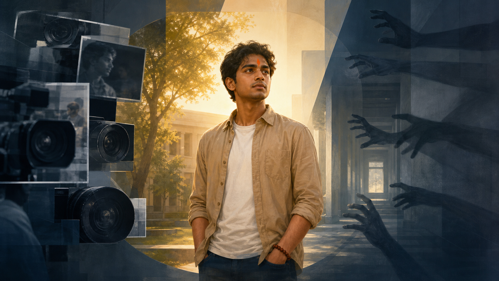 A young Hindu adult with a tilak and rudraksha bracelet stands calmly between camera-like frames and the shadows of an institutional corridor.