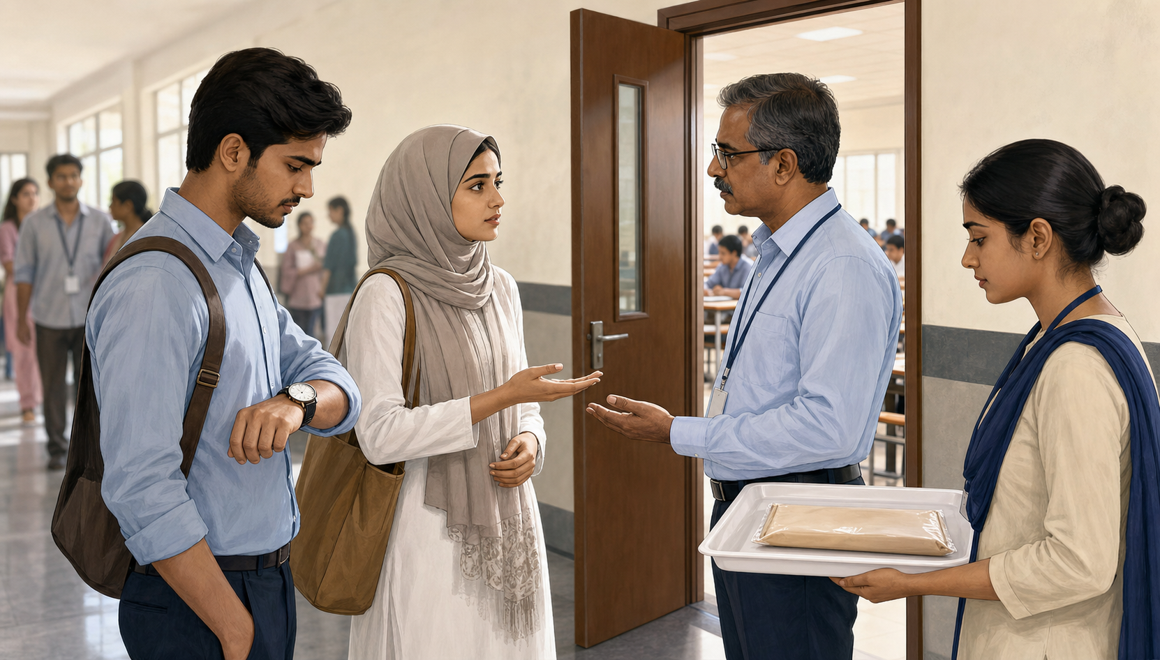 A student calmly asks for a supervisor while staff pause a screening dispute and keep the student's exam materials secure.