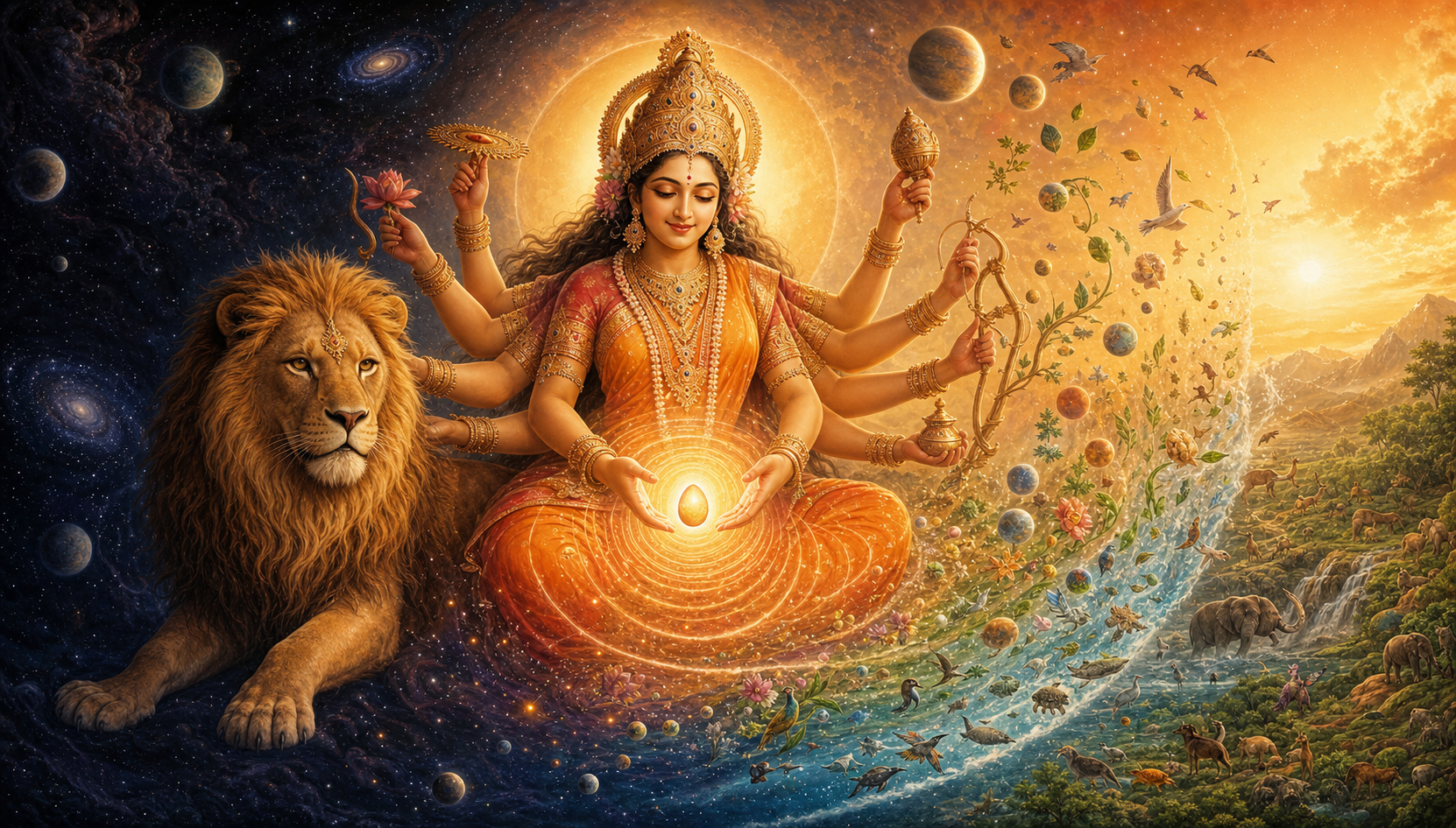 Radiant Kushmanda sits beside a lion and cradles a glowing cosmic egg as stars, water, plants, and living creatures emerge from its light.