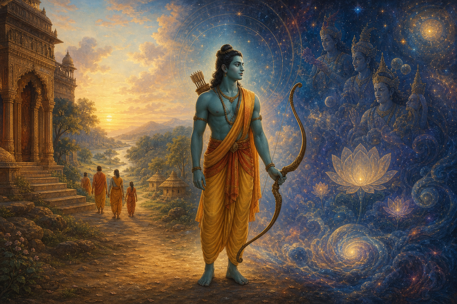 Rama stands with a bow between an earthly palace-and-forest landscape and a luminous cosmic sky filled with stars and lotus forms.