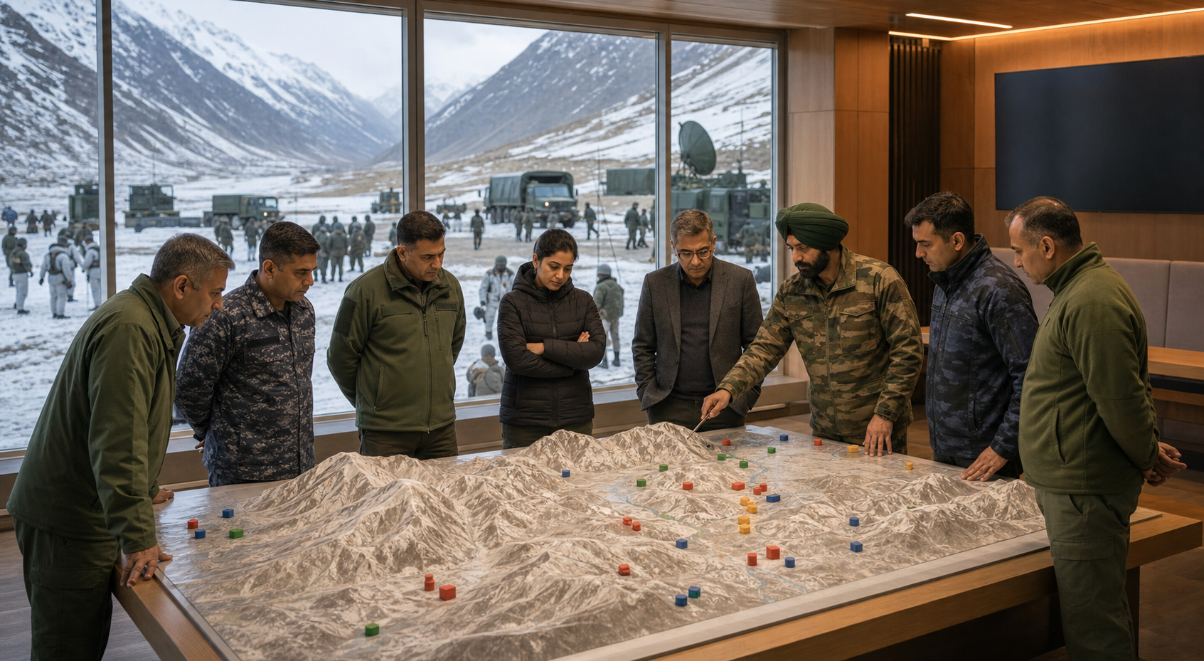 Military officers and civilian analysts study a mountain terrain model while troops train and equipment is prepared outside.