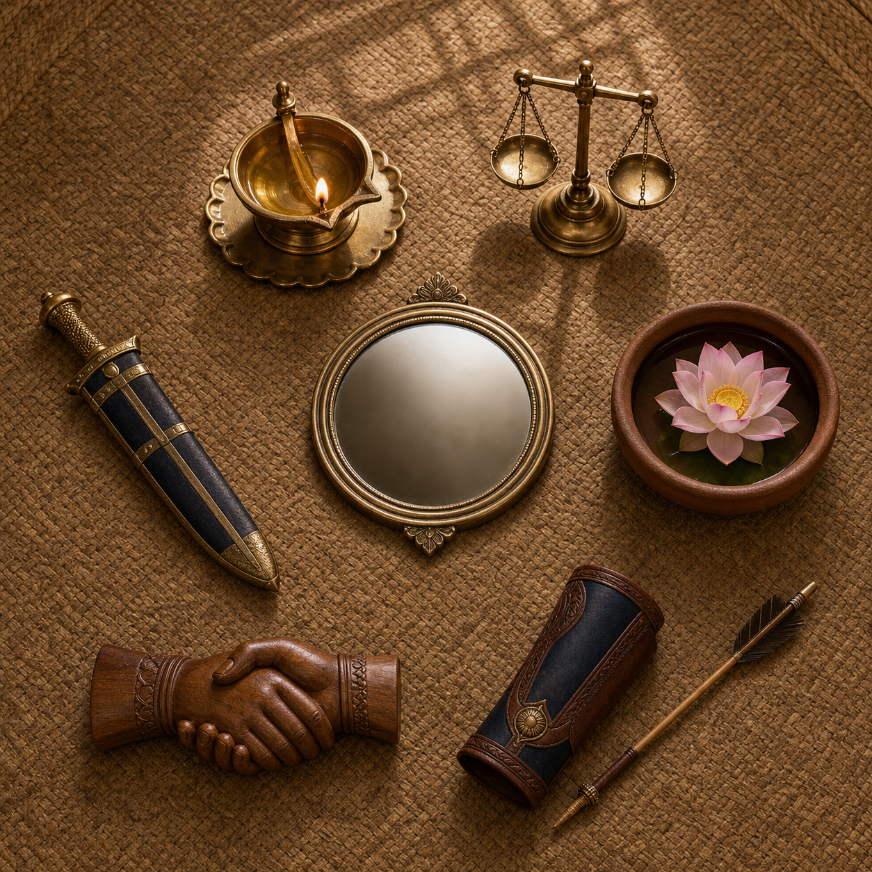 Six symbolic objects surround a bronze mirror on a woven mat, including a lamp, scales, sheathed blade, lotus bowl, joined hands, and returned arrow.