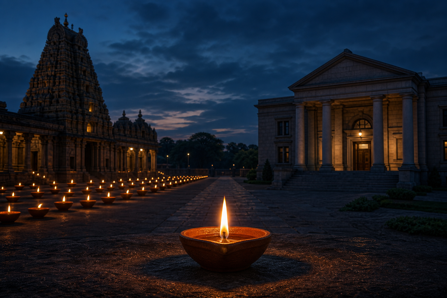 A clay oil lamp burns between a South Indian temple courtyard and a generic courthouse at dusk.