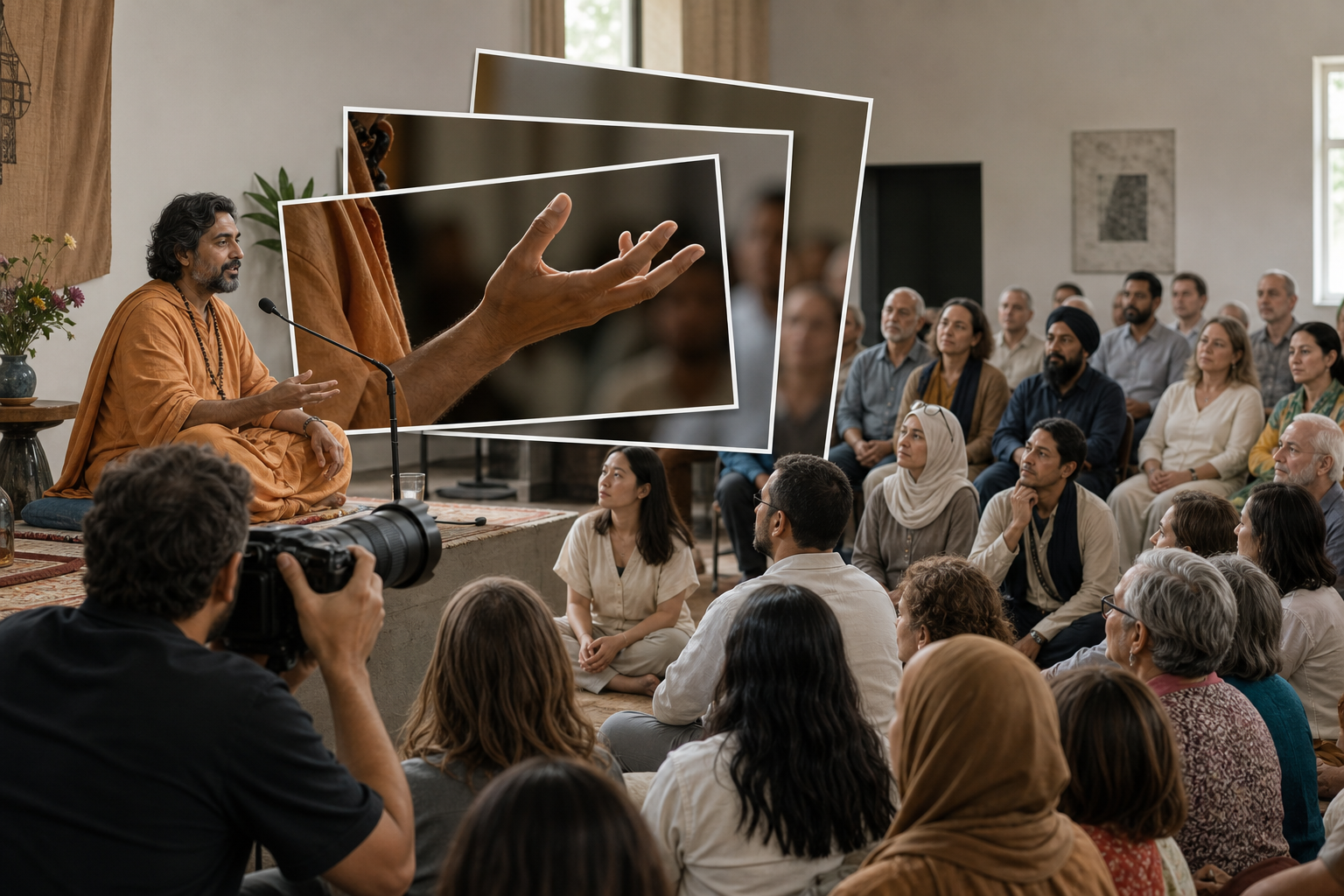 A camera captures a tightly cropped gesture from a fictional Hindu teacher while the wider view shows a calm public discussion with an attentive audience.