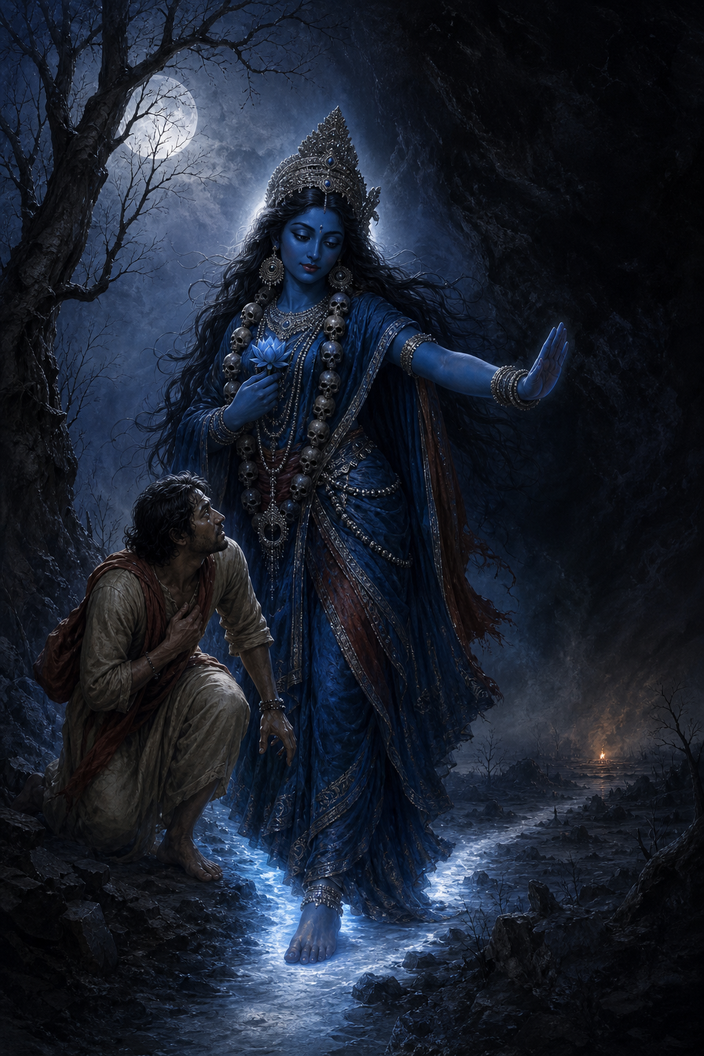 Blue Tara stands protectively before a frightened traveler in a misty moonlit cremation ground and extends an open hand beside a blue lotus.