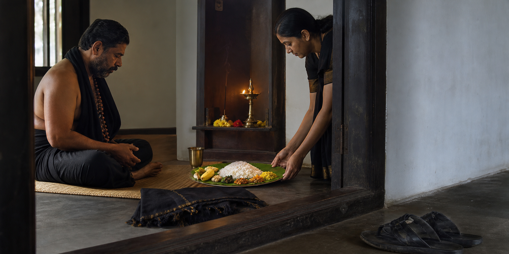 A devotee in dark clothing observes a quiet dawn practice at home beside an oil lamp and a simple vegetarian meal.