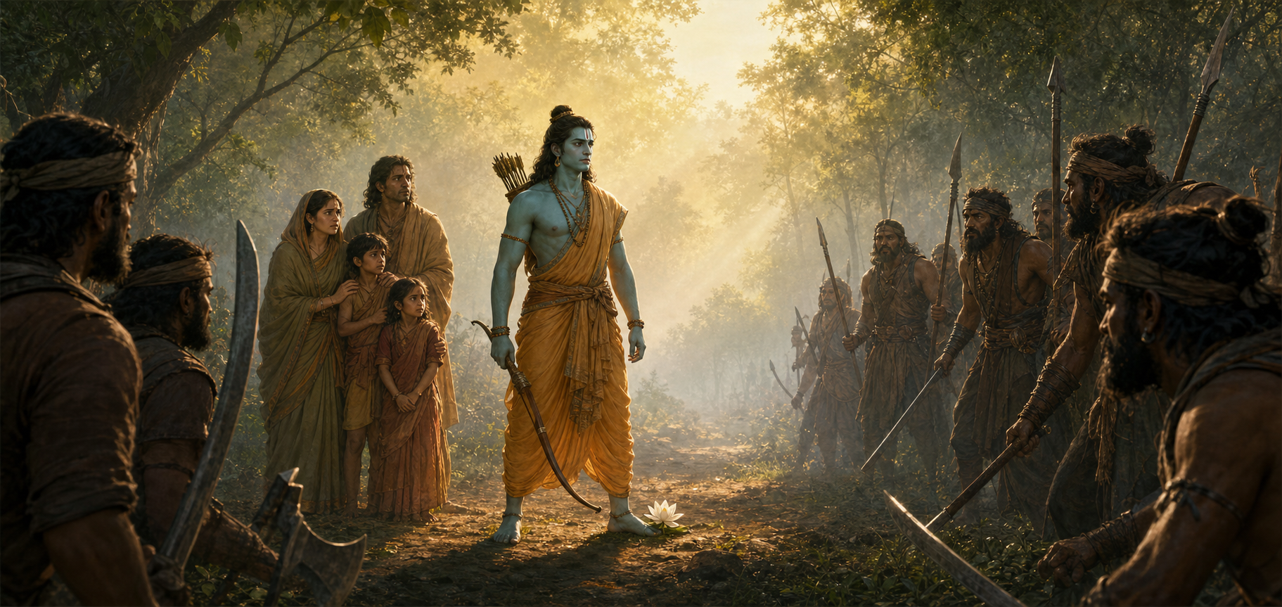 Rama stands protectively before a family with his bow lowered as armed attackers hesitate across a misty forest clearing.
