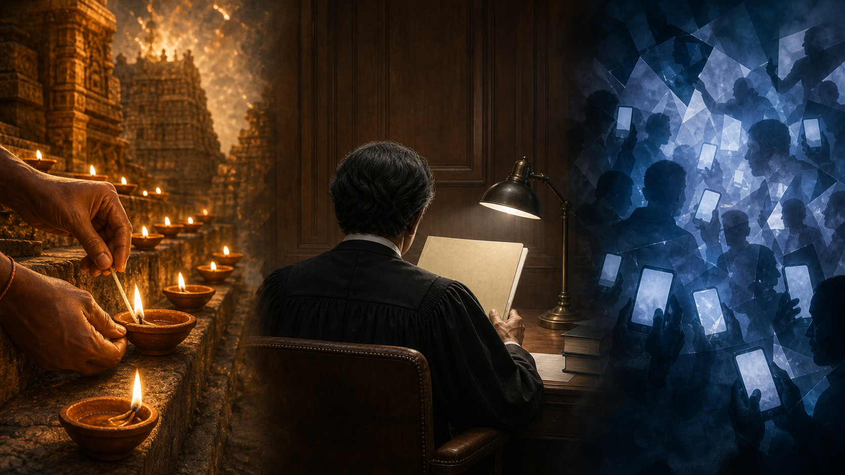 A three-part scene shows temple lamps, an anonymous judge reviewing a case file, and a crowd of people holding smartphones.