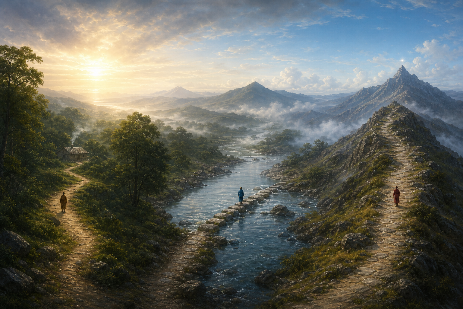 Three travelers follow separate paths through a forest, river valley, and stone ridge toward different illuminated horizons.